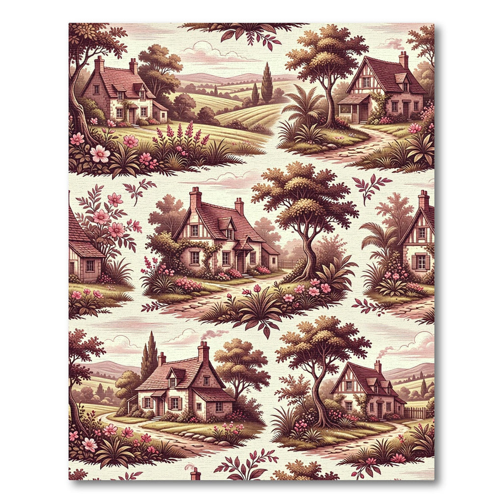 English Countryside Floral Cottage Scene Rug