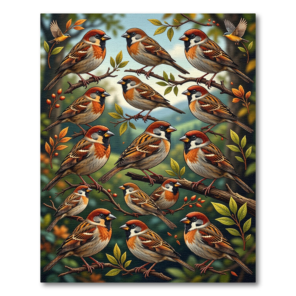 Charming Woodland Sparrow Bird Branch Illustration Rug