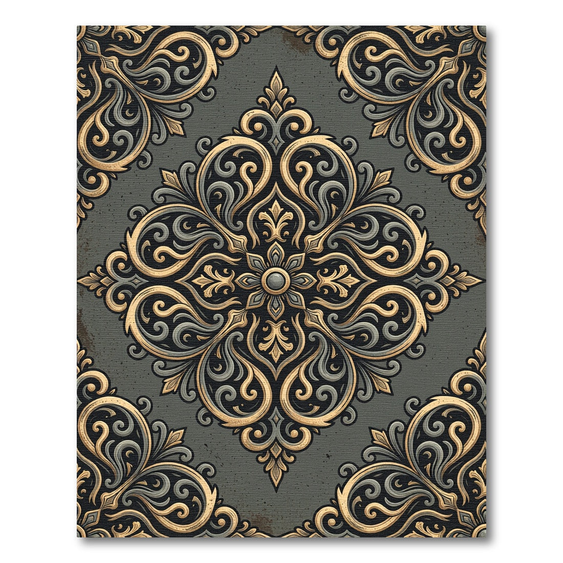 Vintage Gold Gray Damask Scroll Rug