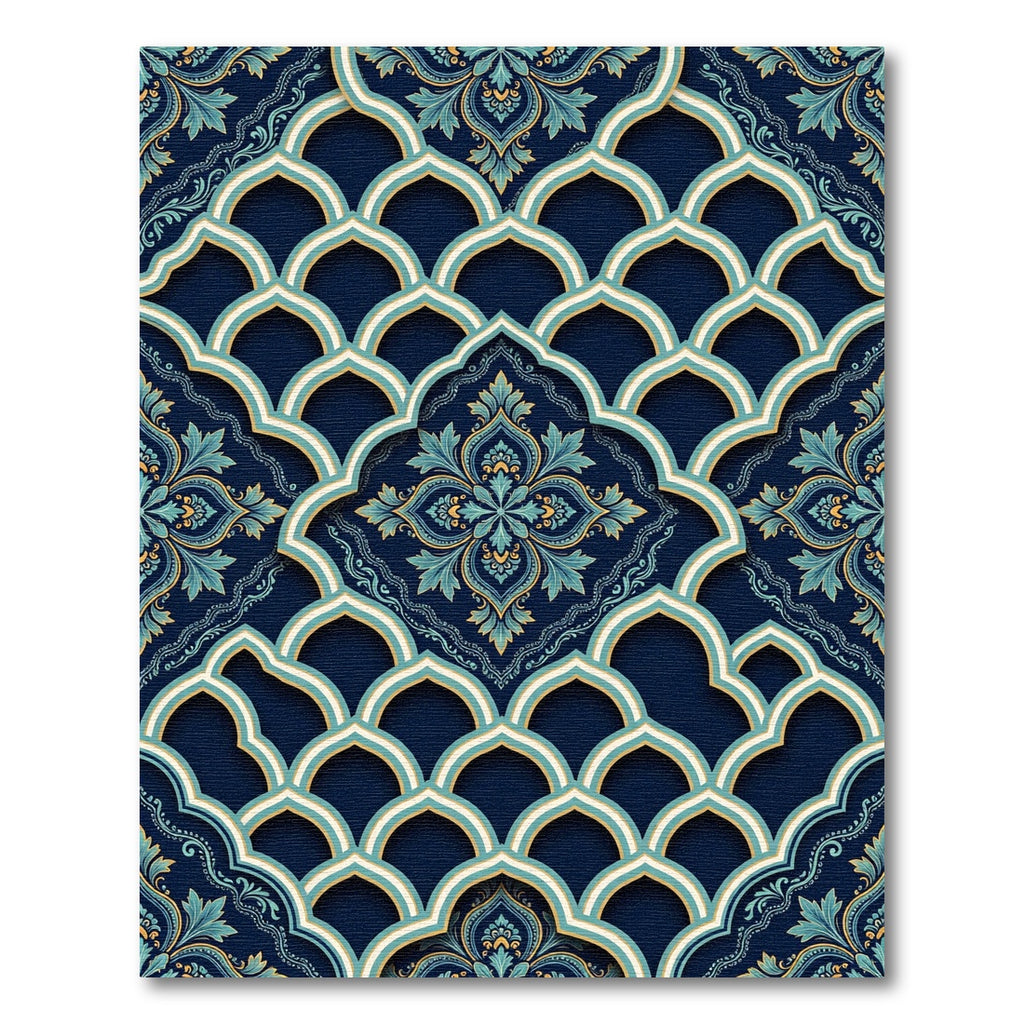 Elegant Navy Teal Arched Damask Art Rug