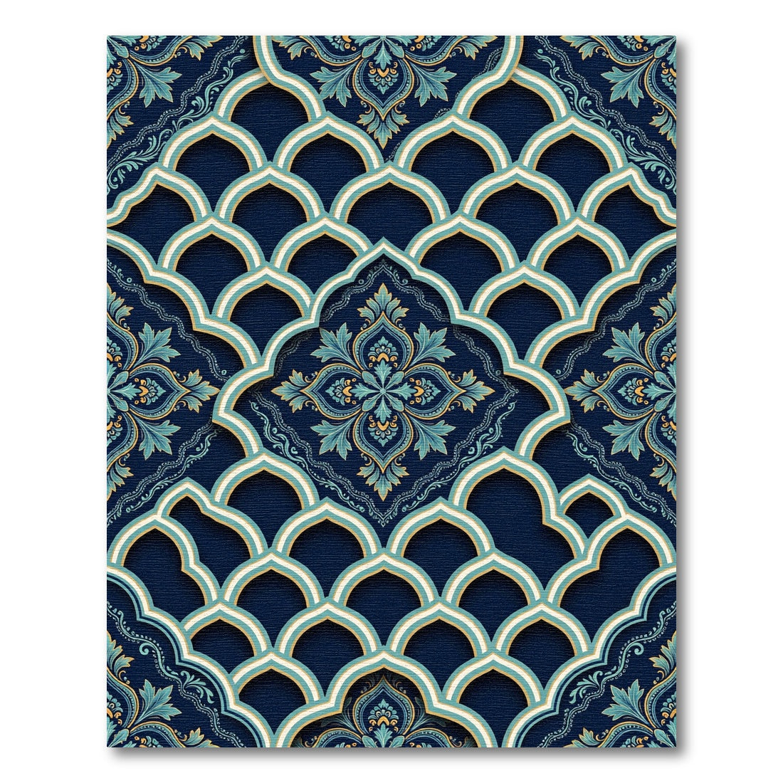 Elegant Navy Teal Arched Damask Art Rug