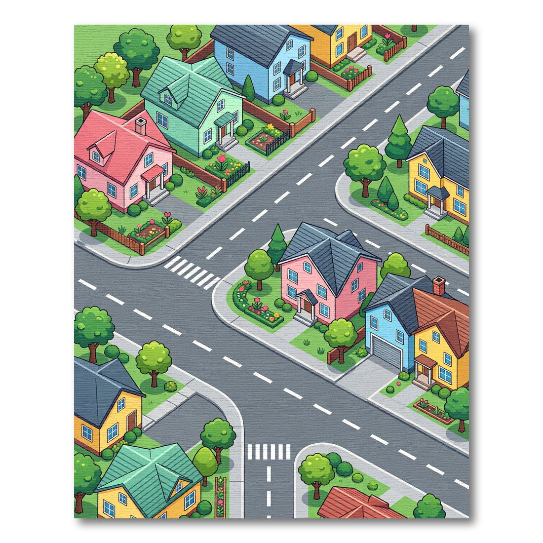 Vibrant Isometric Suburban Neighborhood Landscape Rug