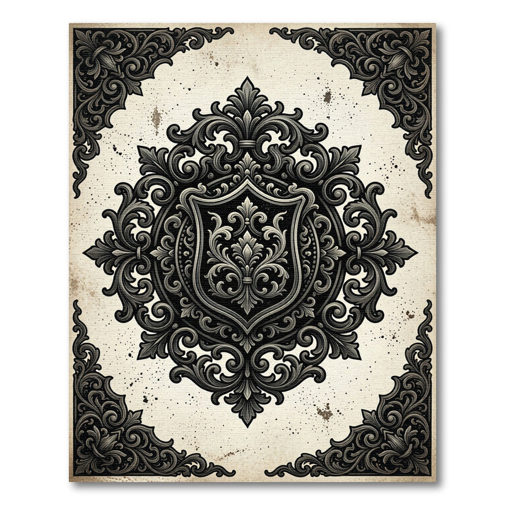 Ornate Black Damask Victorian Emblem Rug