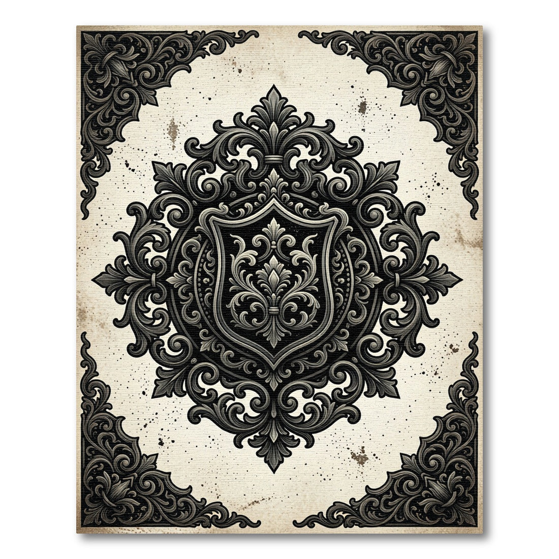 Ornate Black Damask Victorian Emblem Rug