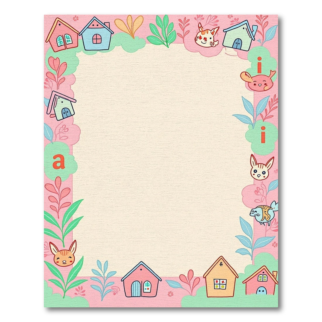 Whimsical Pink Houses Bunnies Frame Rug