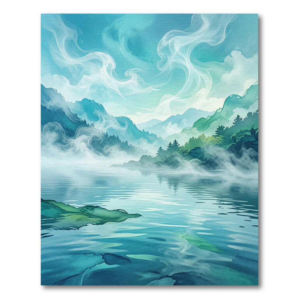 Ethereal Misty Mountains and Serene Lake Rug