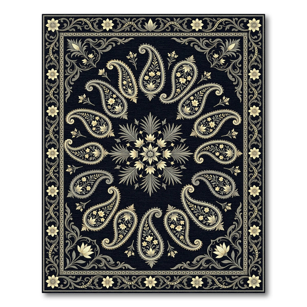 Classic Black Paisley Floral Border Rug