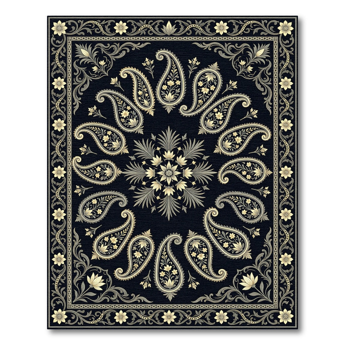 Classic Black Paisley Floral Border Rug