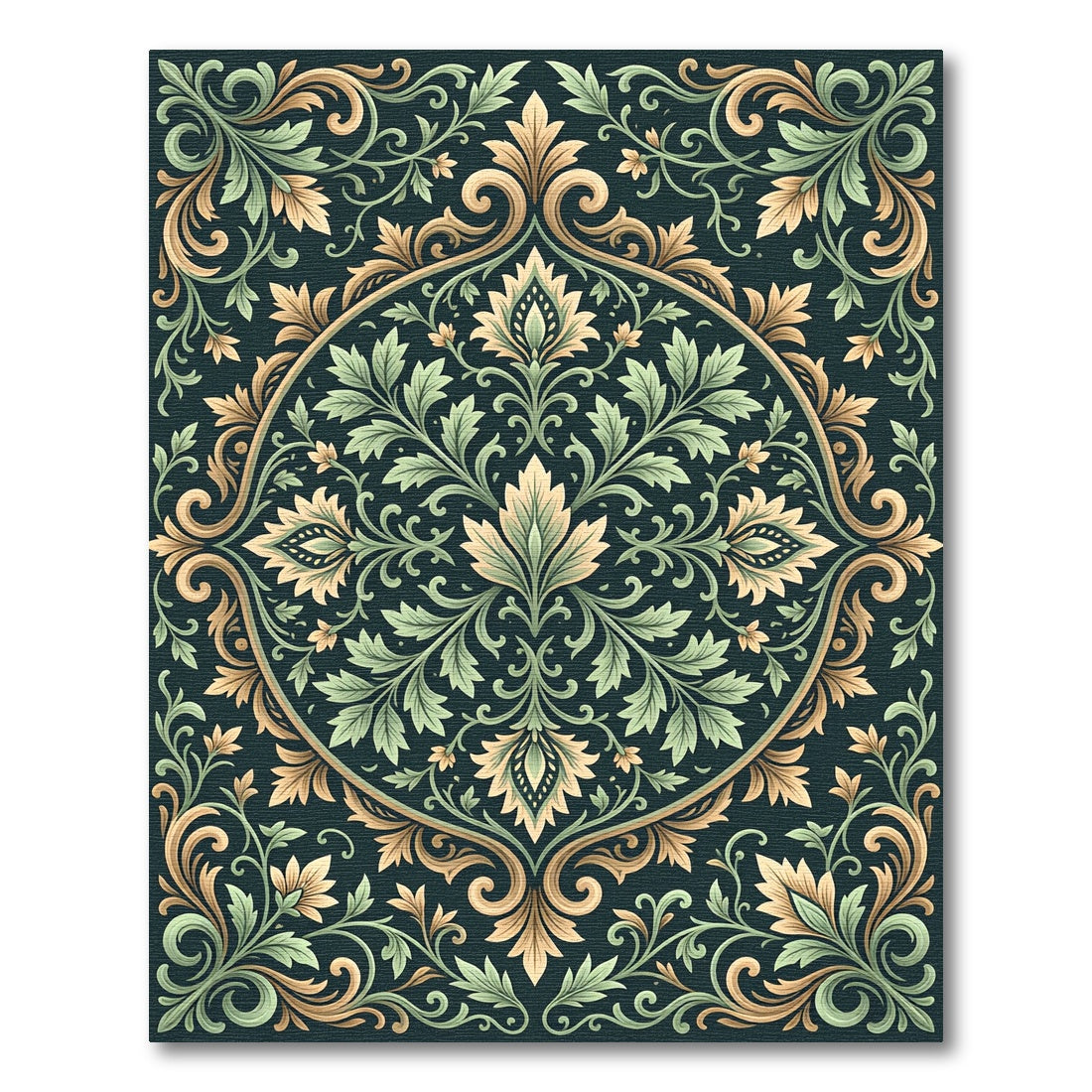 Elegant Sage and Gold Scrolling Medallion Rug