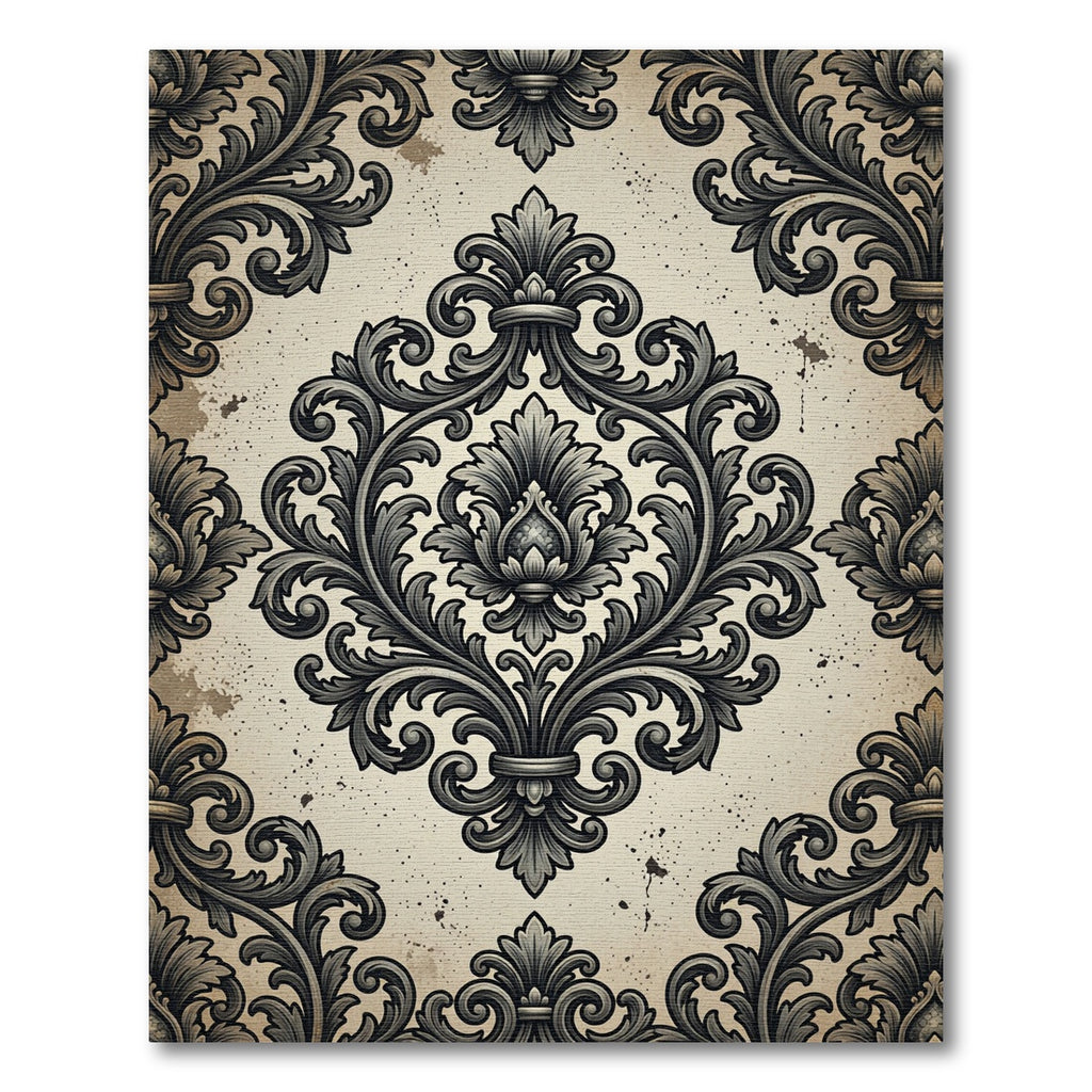 Ornate Charcoal Damask Scroll Filigree Rug