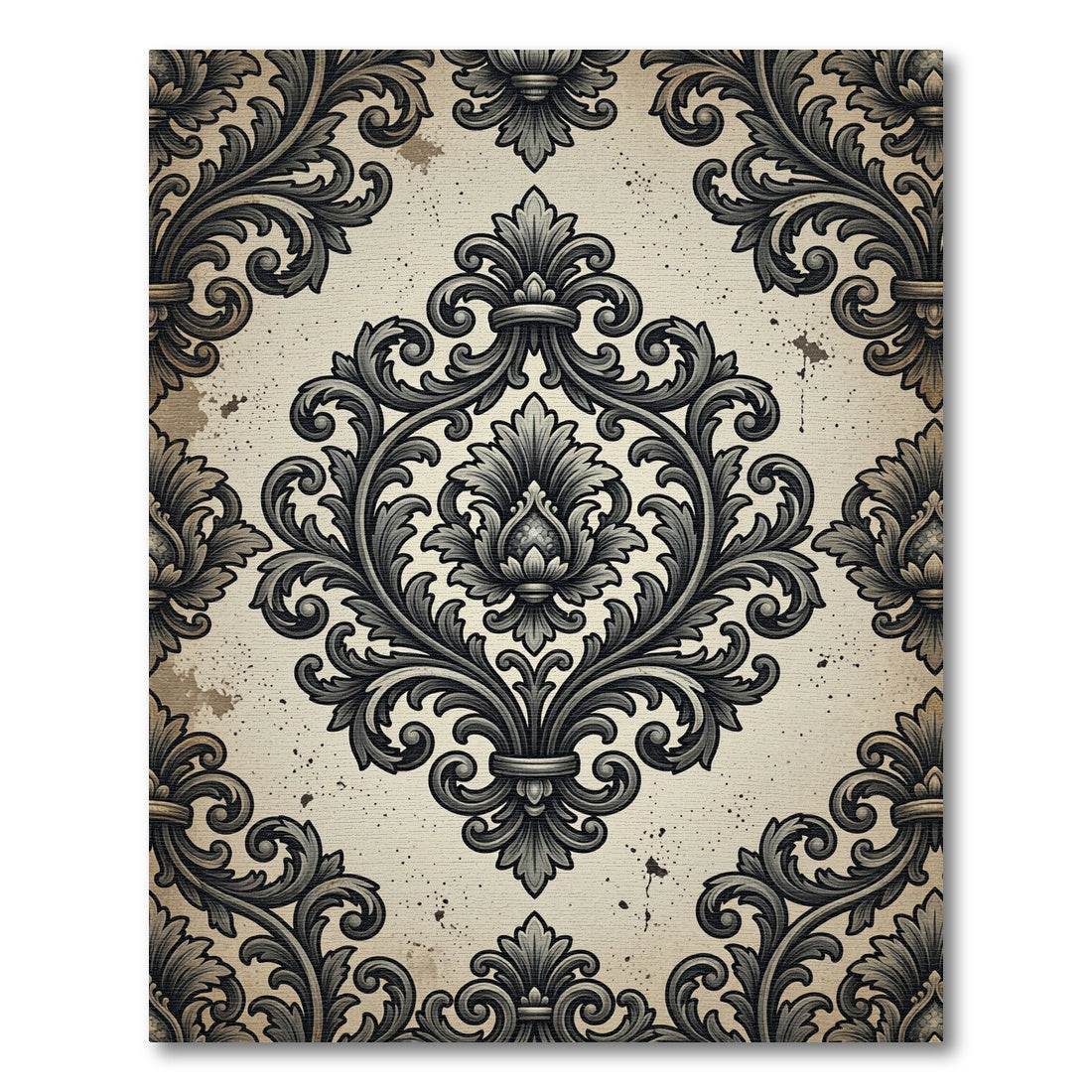 Ornate Charcoal Damask Scroll Filigree Rug