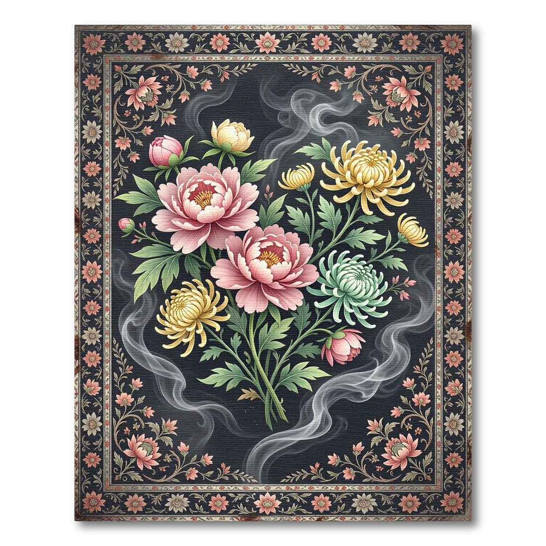 Ethereal Pink Peony and Golden Chrysanthemum Rug