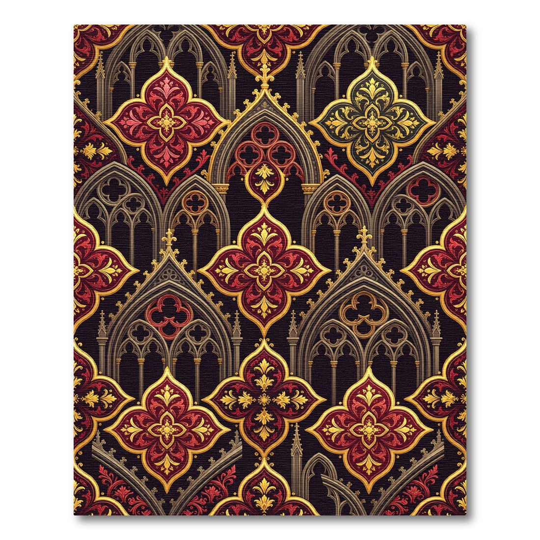 Gothic Crimson Gold Trefoil Arch Ornament Rug