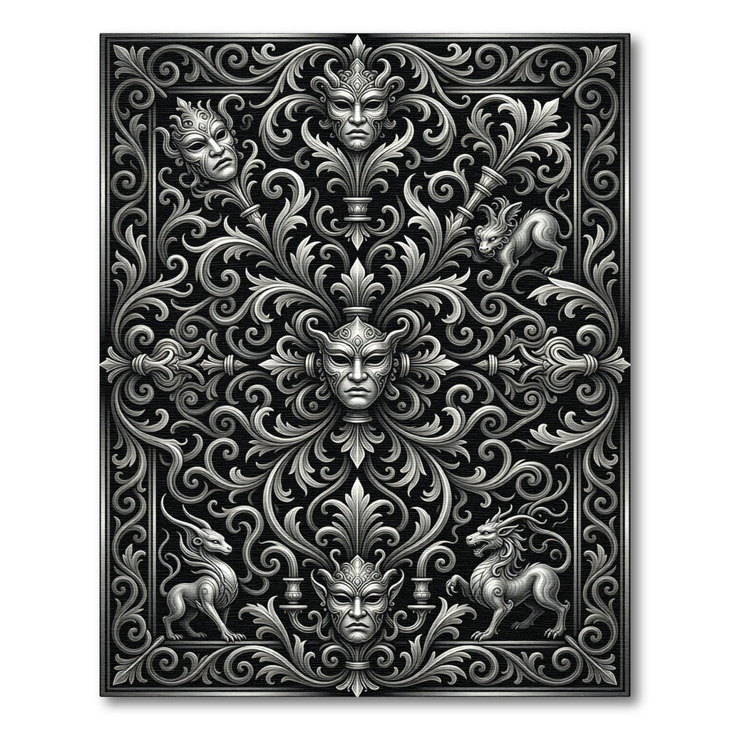 Monochrome Baroque Mask Filigree Scrollwork Art Rug