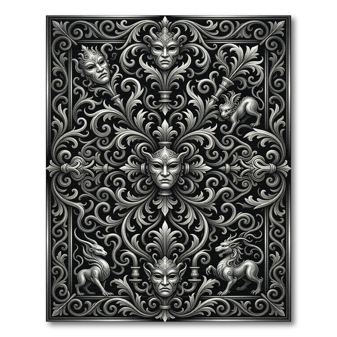 Monochrome Baroque Mask Filigree Scrollwork Art Rug