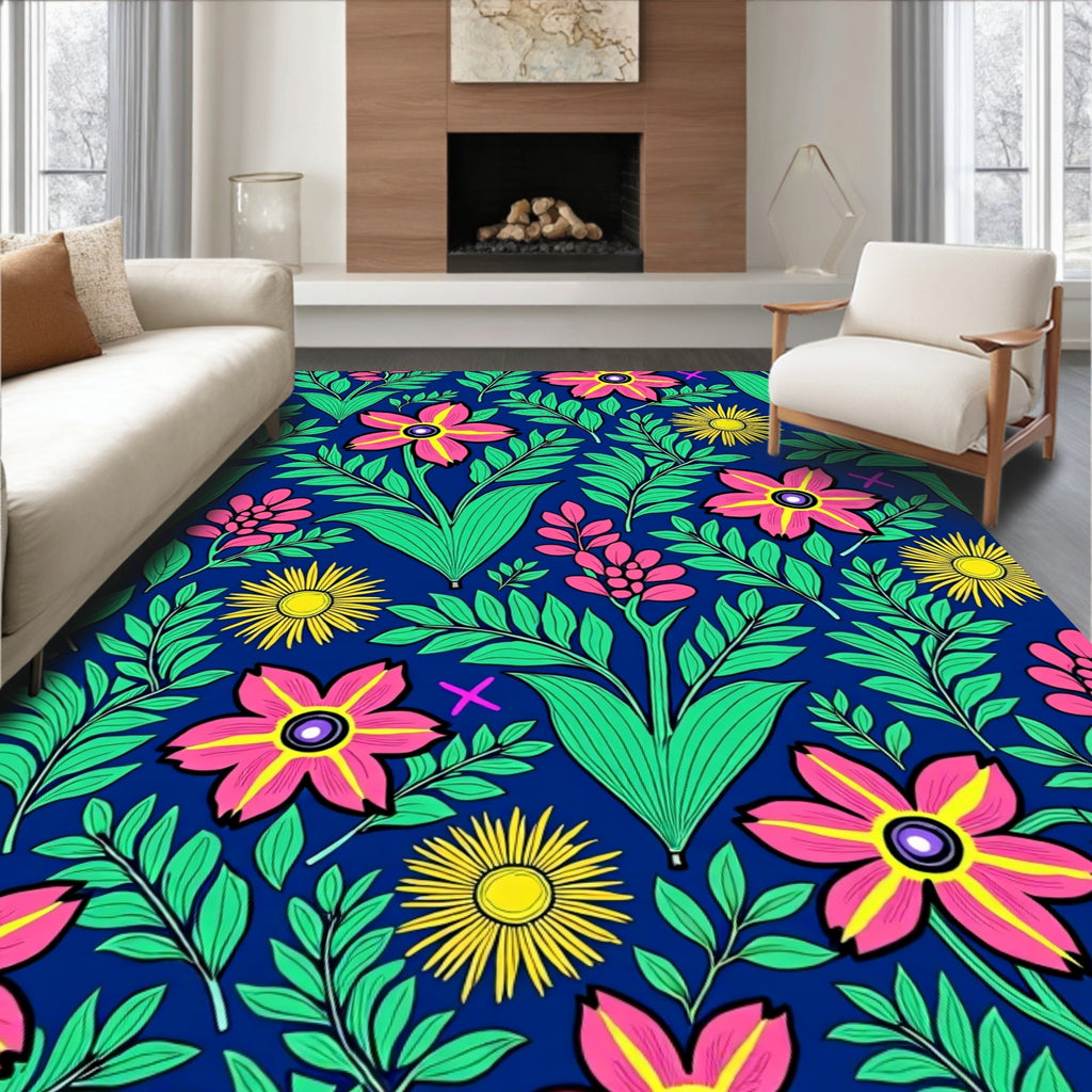 Bold Floral Pattern With Pink Flowers And Leaves Rug