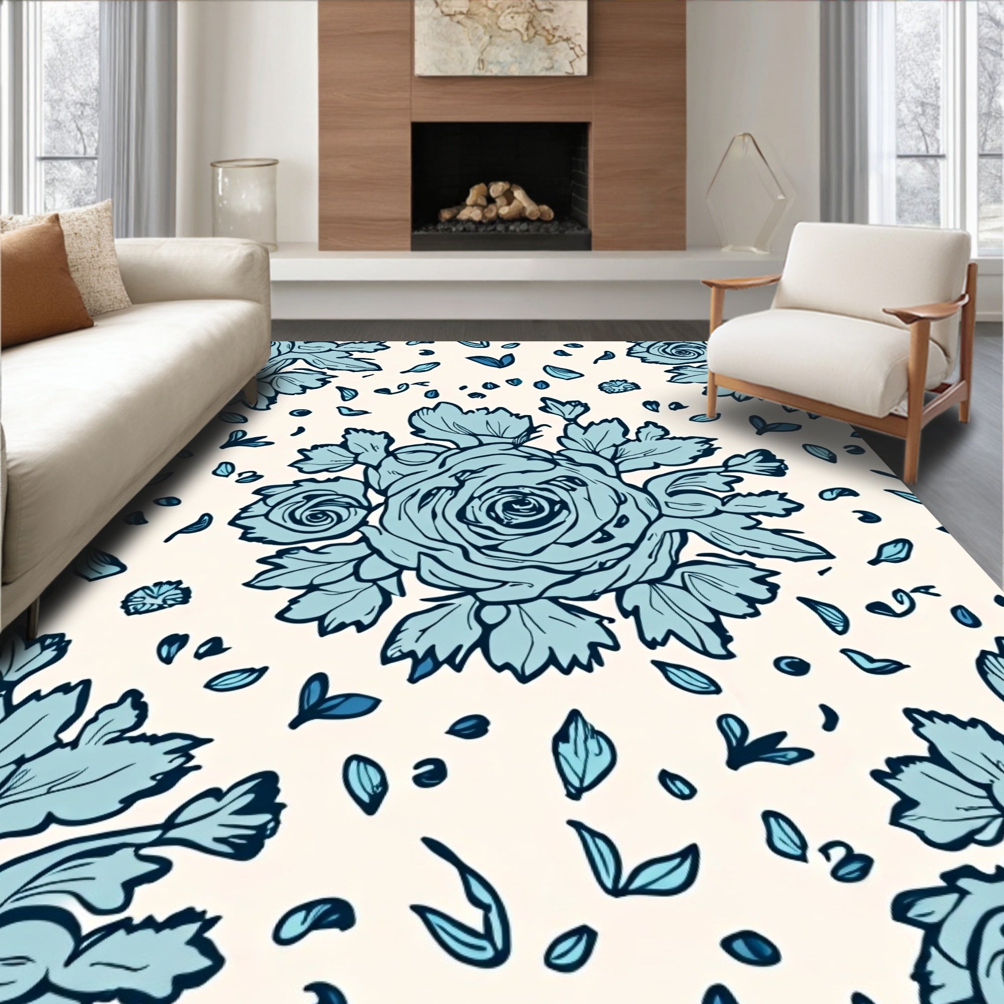 Floral Blue Sketch Style Rug