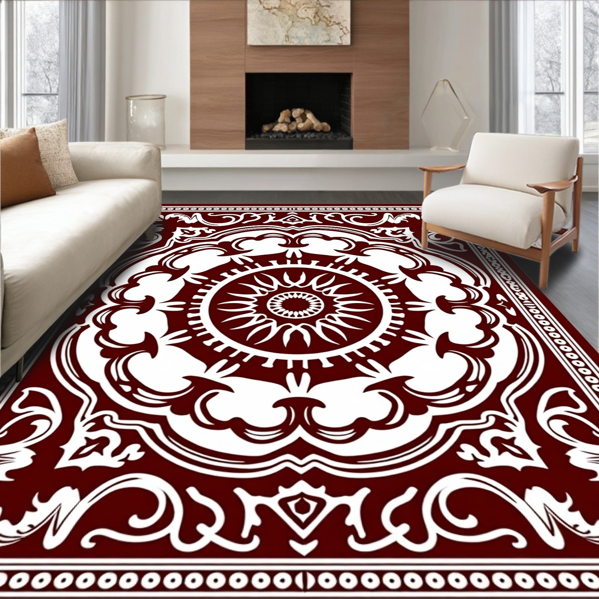 Dark Red Floral Medallion Pattern Rug