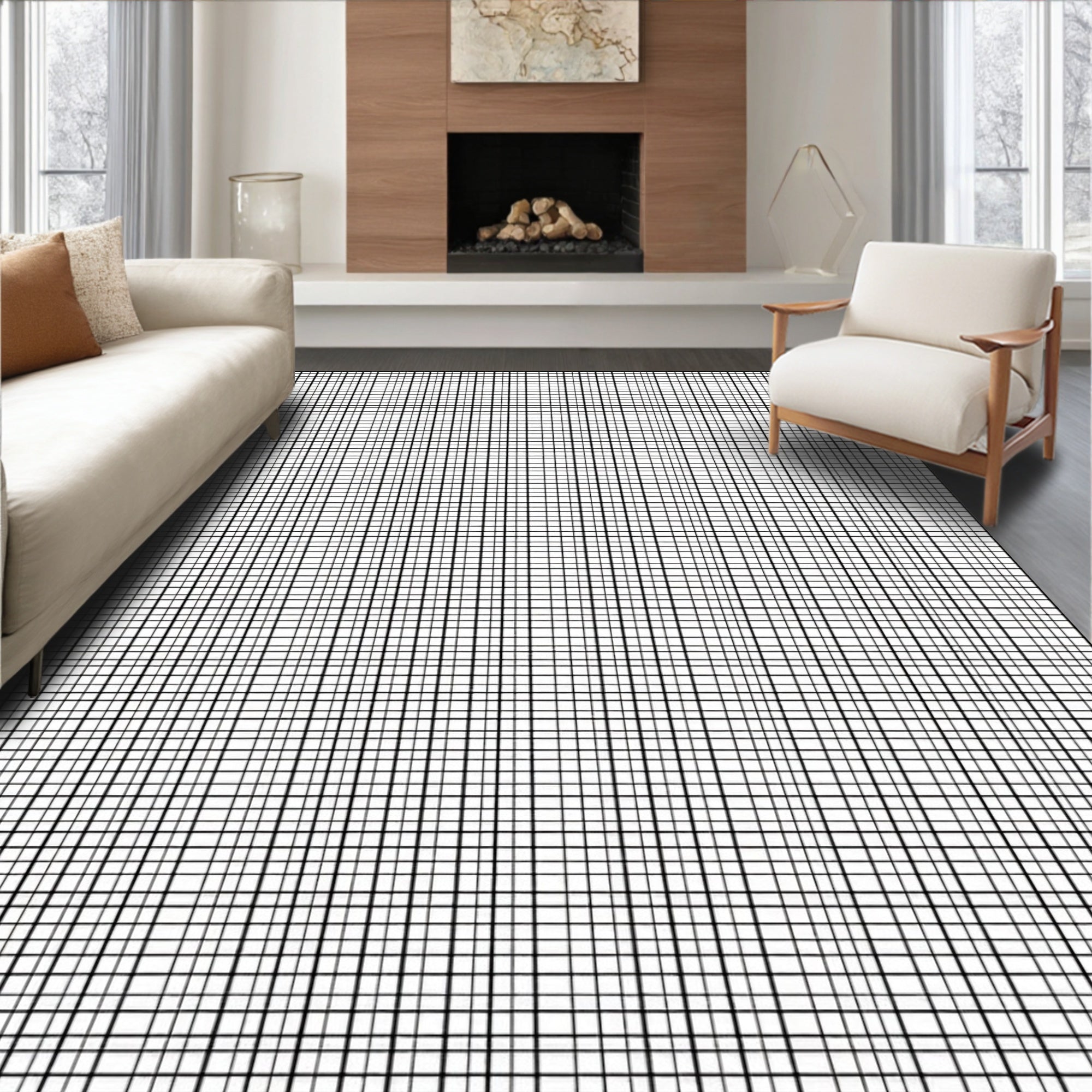 Classic Black White Grid Pattern Rug