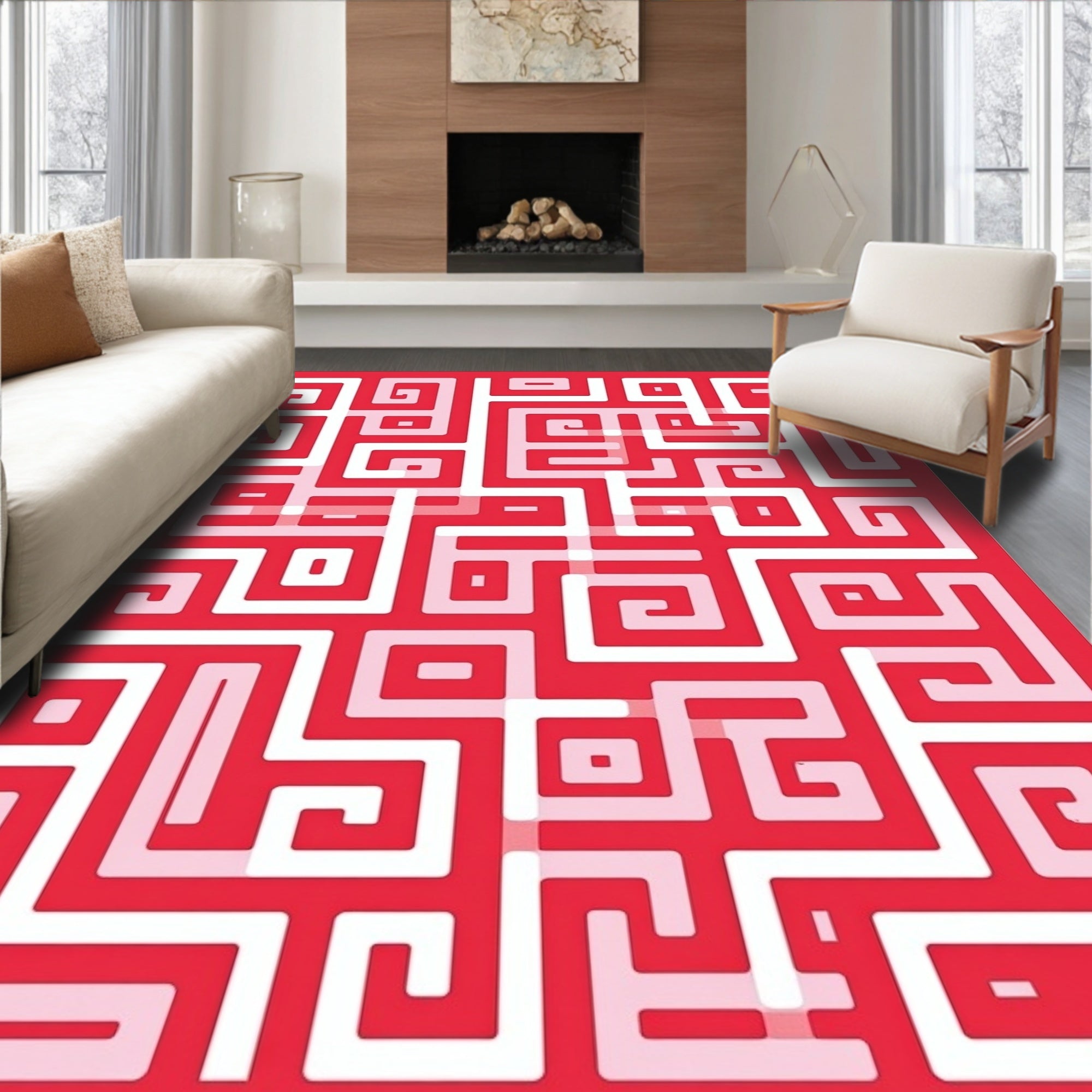 Red White Abstract Maze Pattern Rug