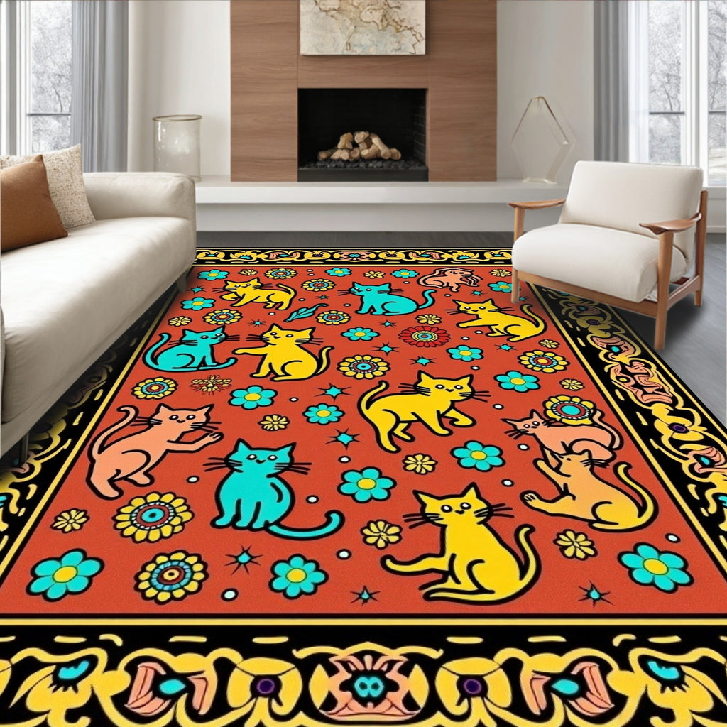 Whimsical Cats Flowers Playful Pattern Rug