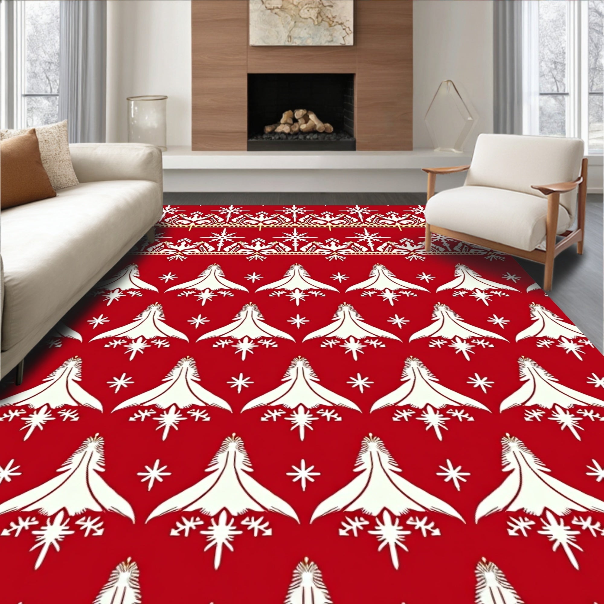 Crimson White Snowflake Tree Border Rug