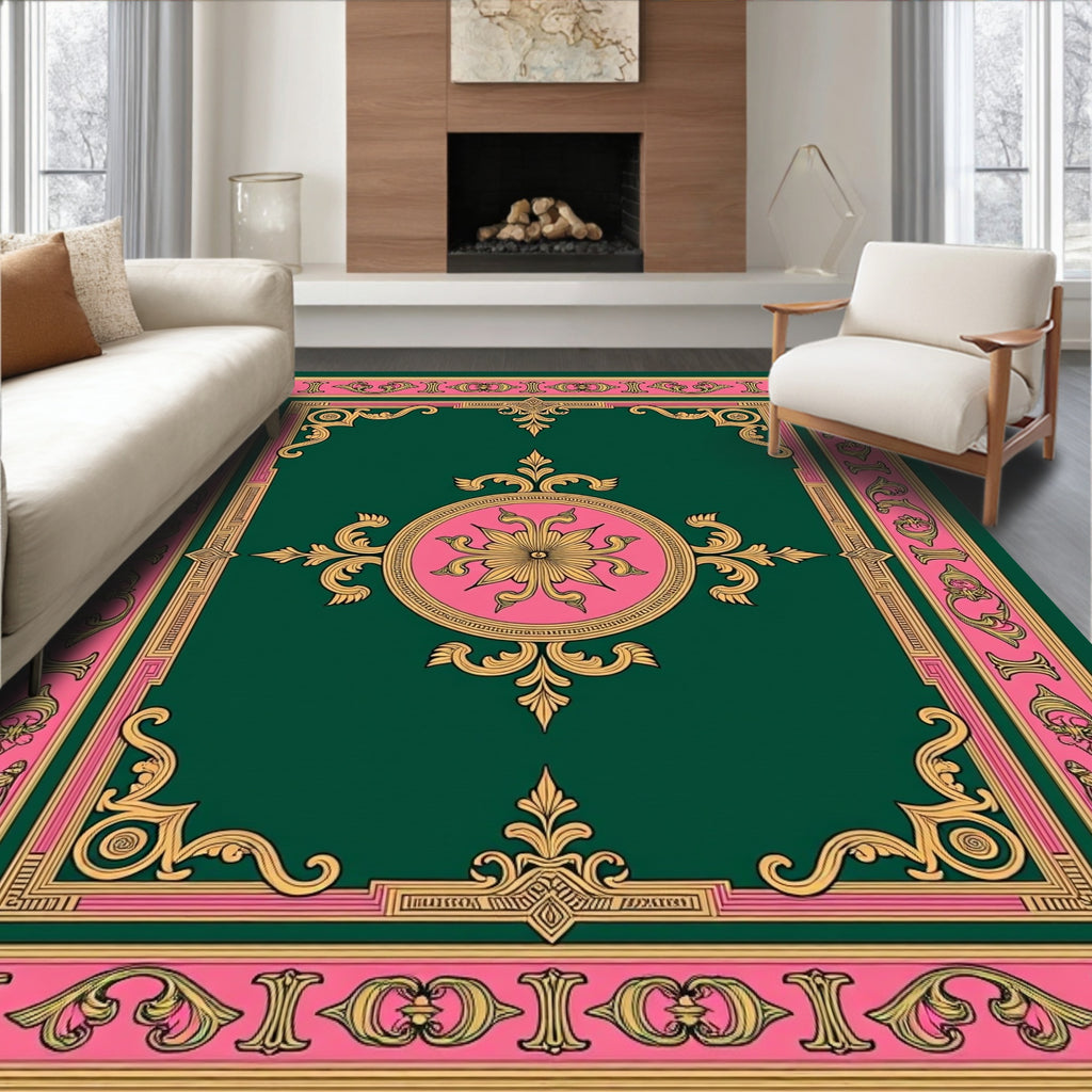 Emerald Green Pink Gold Medallion Frame Rug