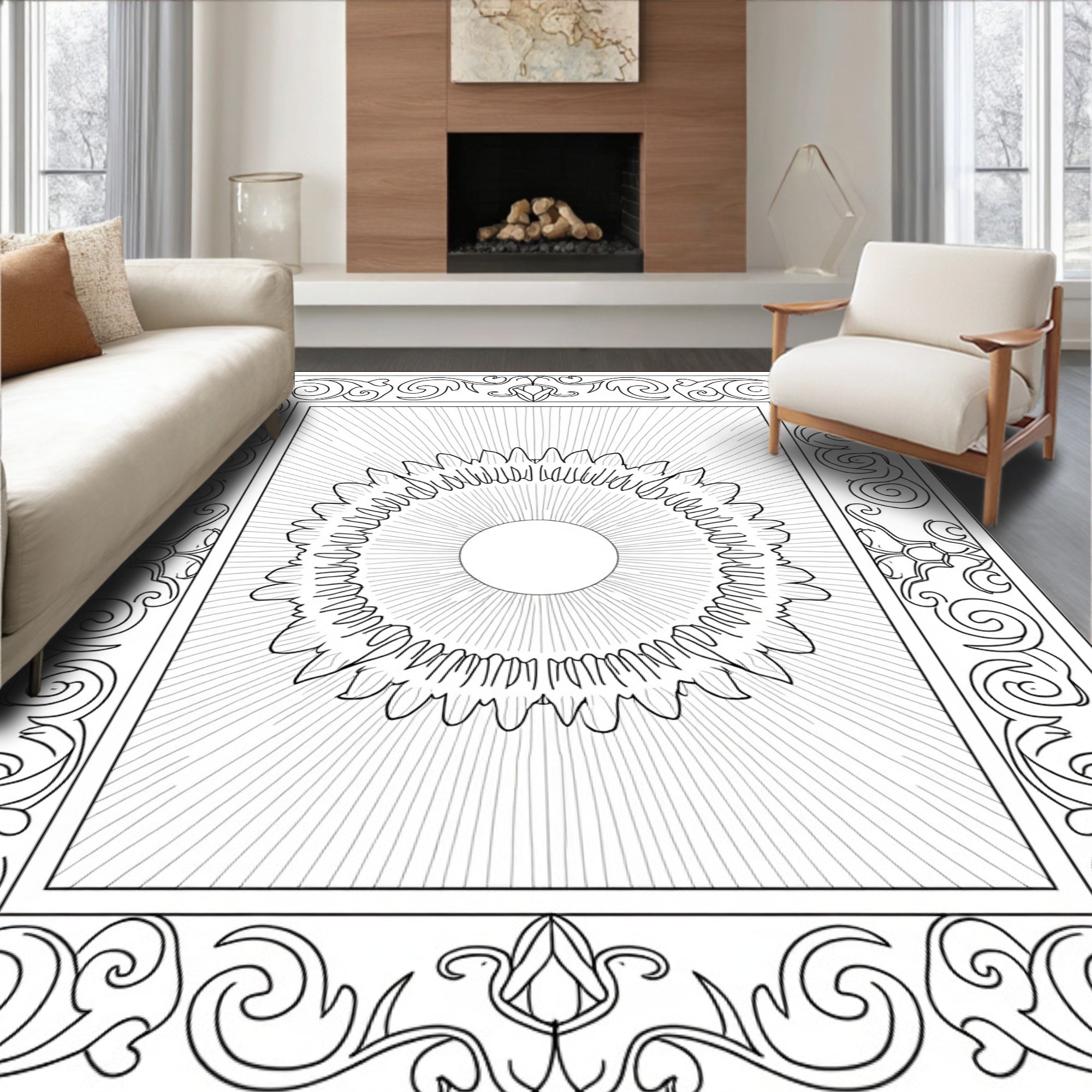 Ornate Sunburst Scrollwork Border Rug