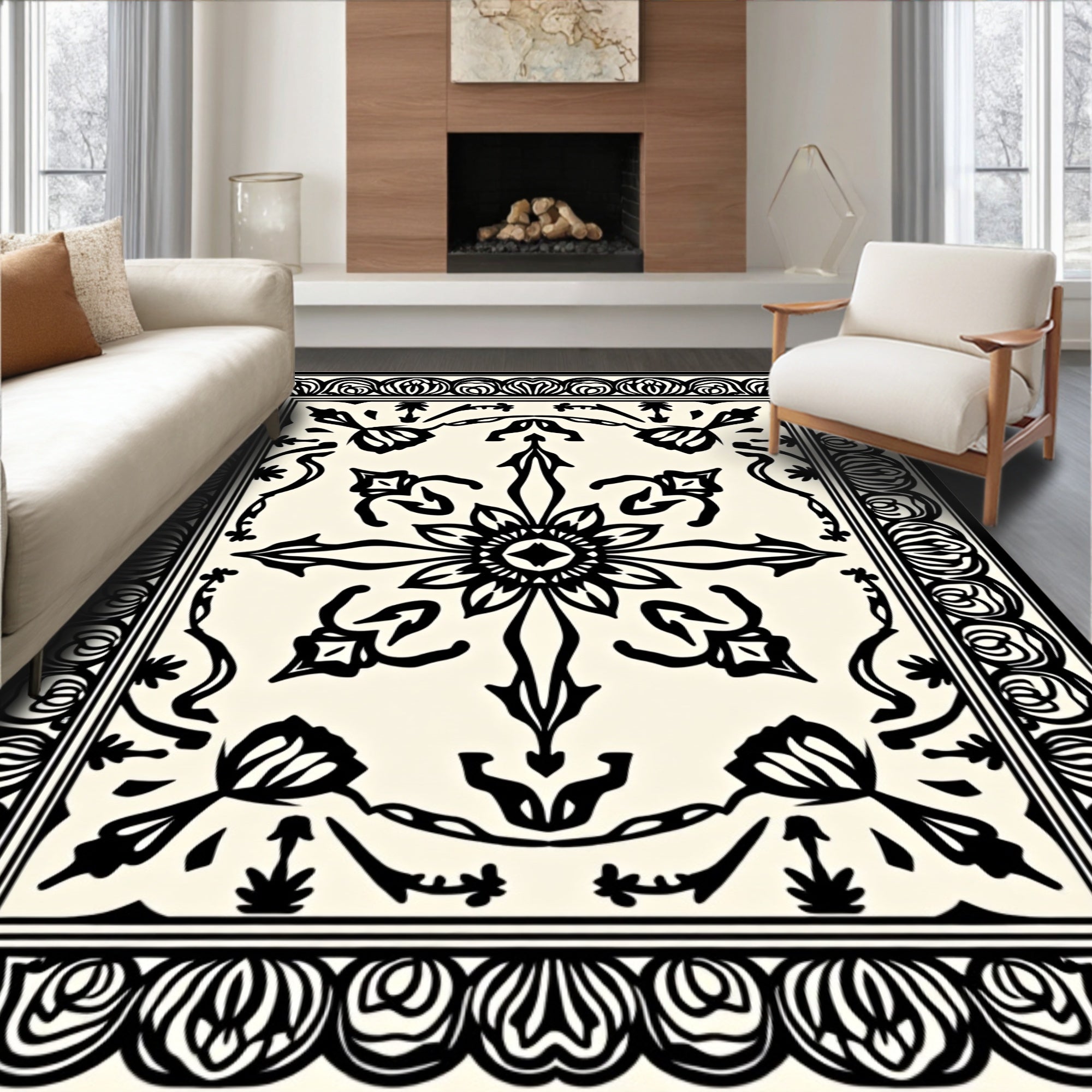 Stylized Floral Motif Border Rug