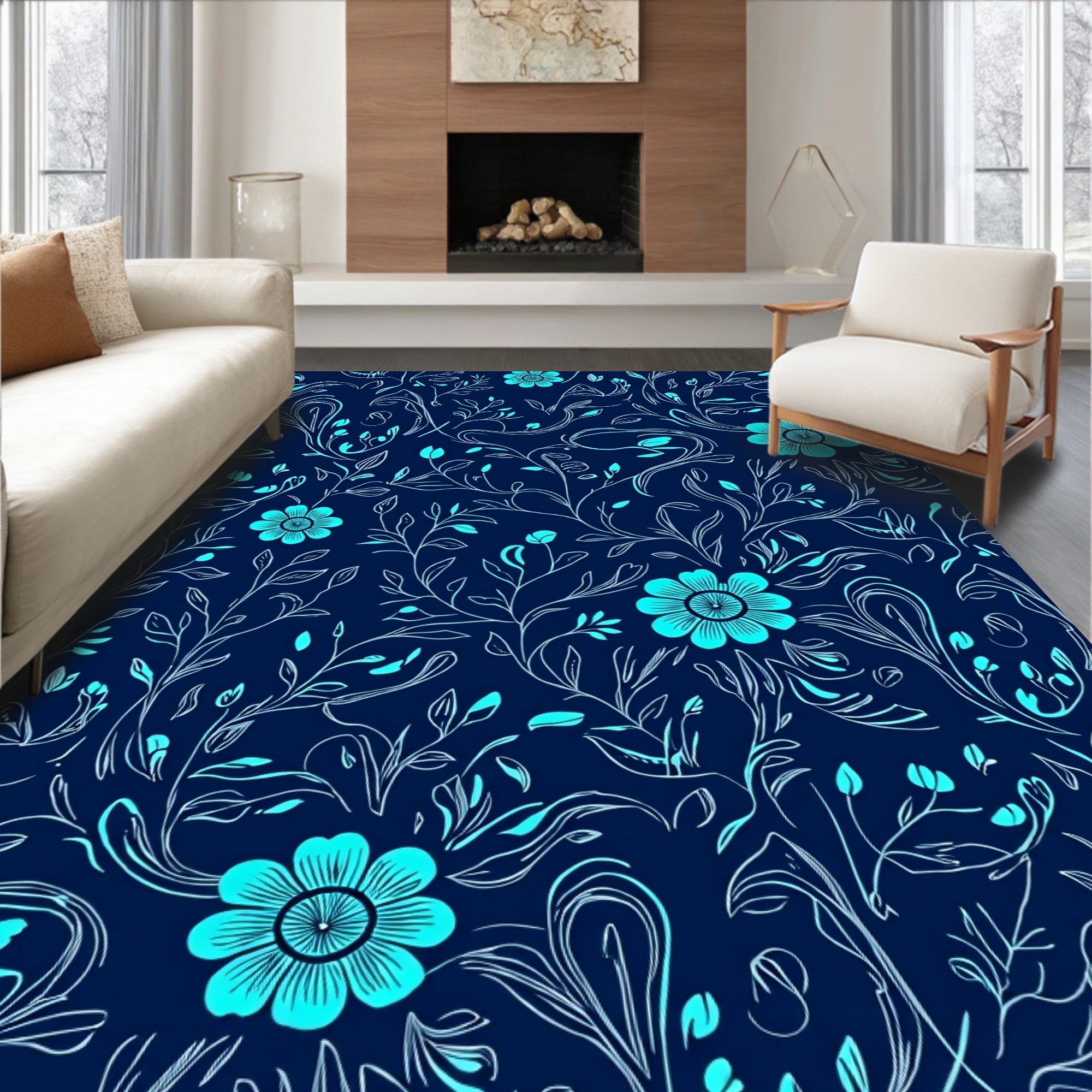 Navy Cyan Floral Vine Pattern Rug