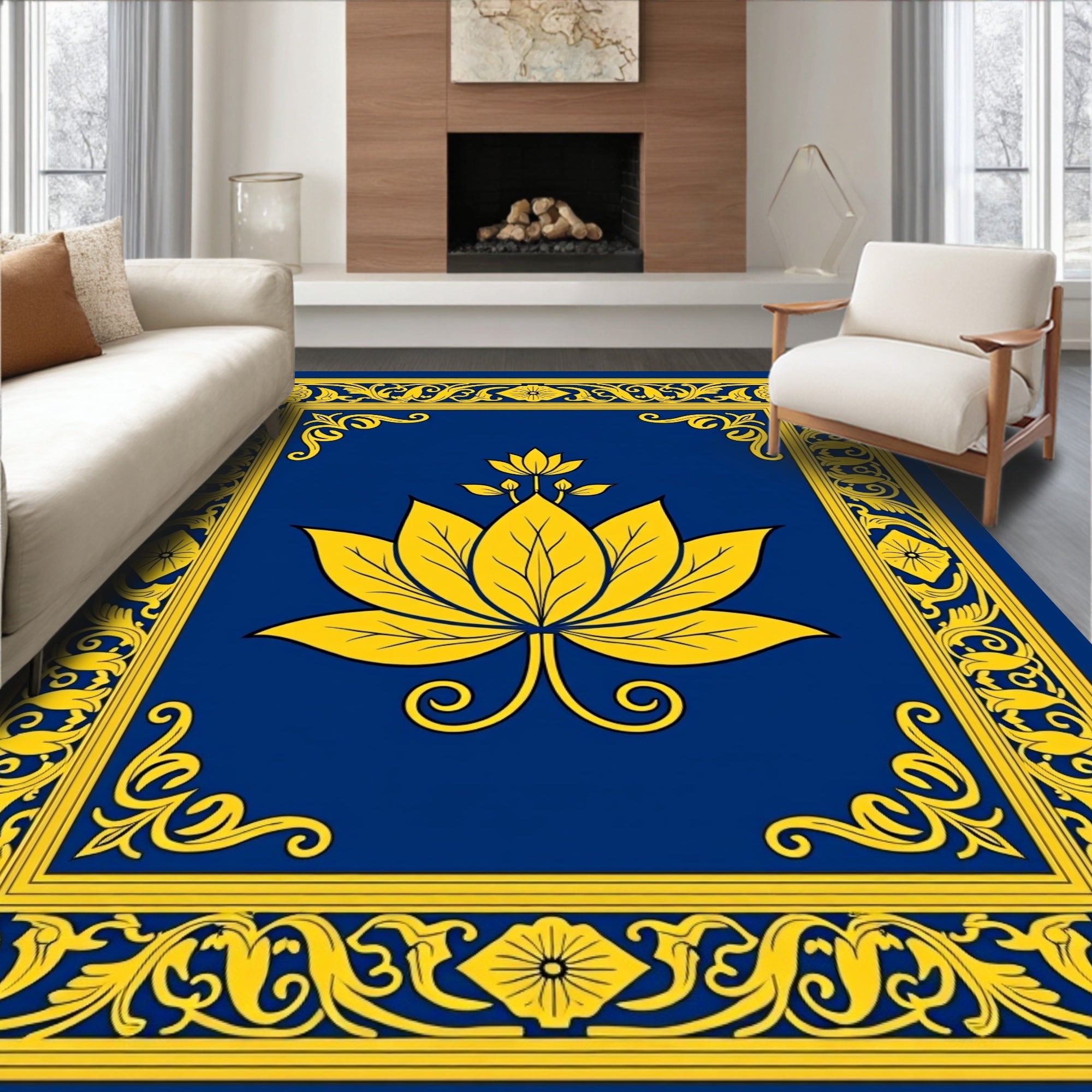 Royal Blue Gold Floral Lotus Rug