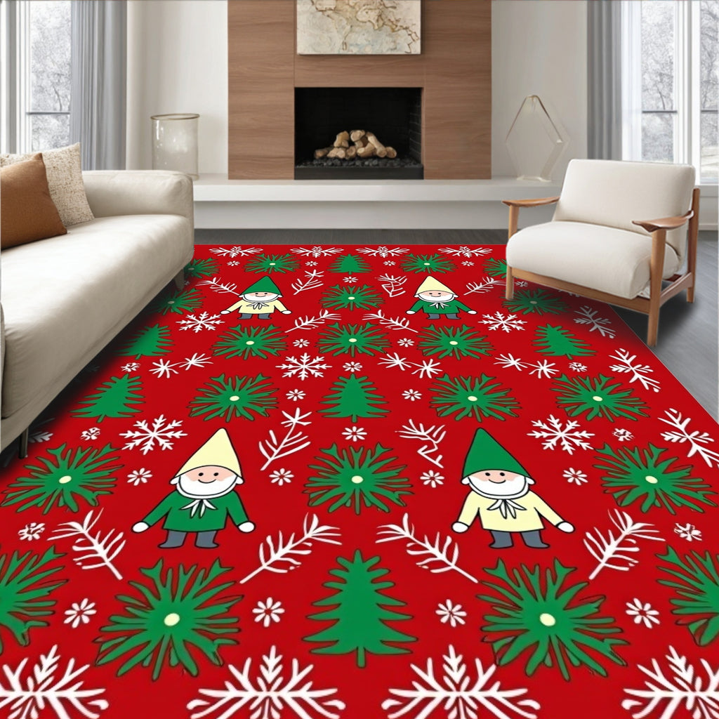 Cozy Red Gnome Christmas Tree Snowfall Rug