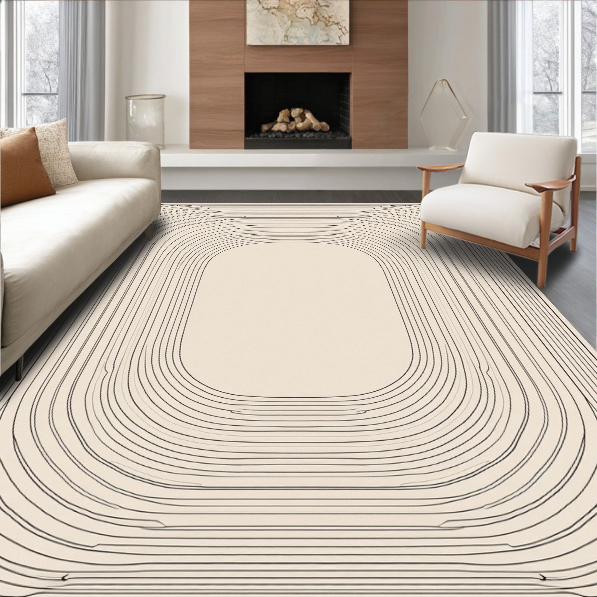 Minimalist Beige Linear Oval Rug