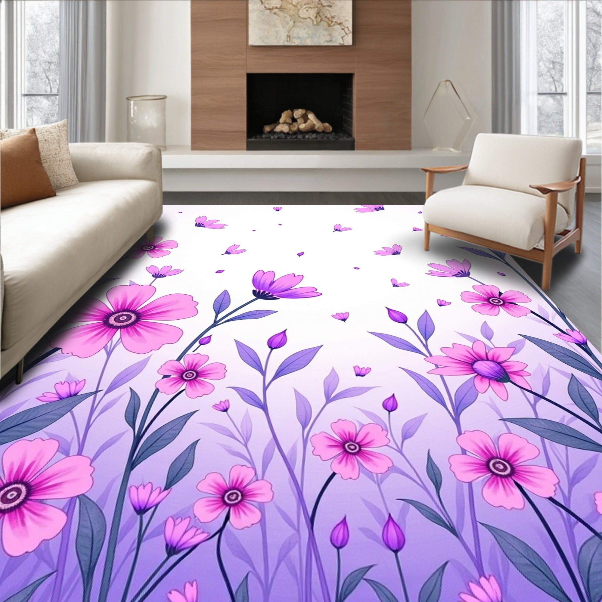 Whimsical Pink Purple Floral Garden Rug