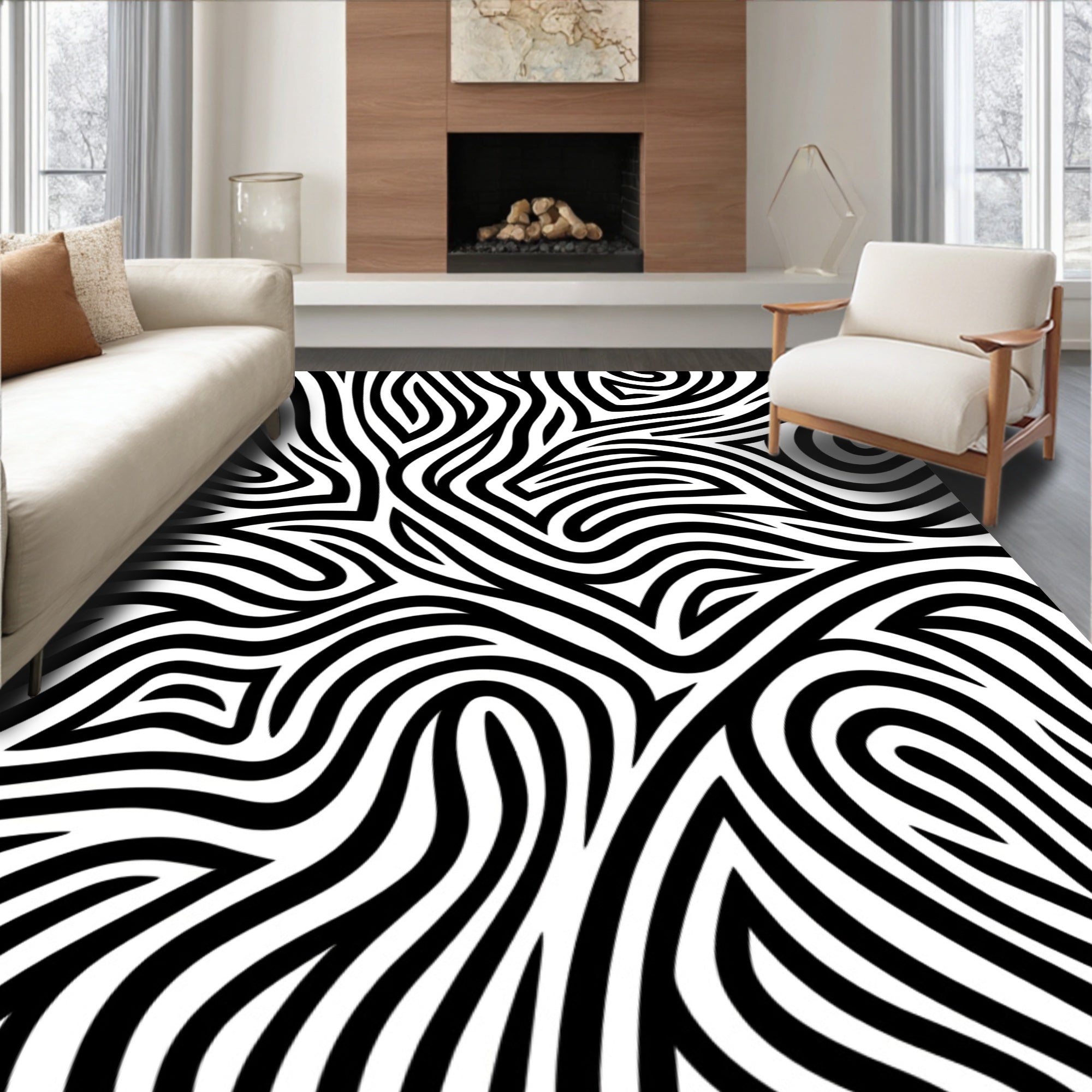 Abstract Black White Wavy Lines Pattern Rug