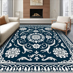 Dark Blue White Floral Intricate Design Rug