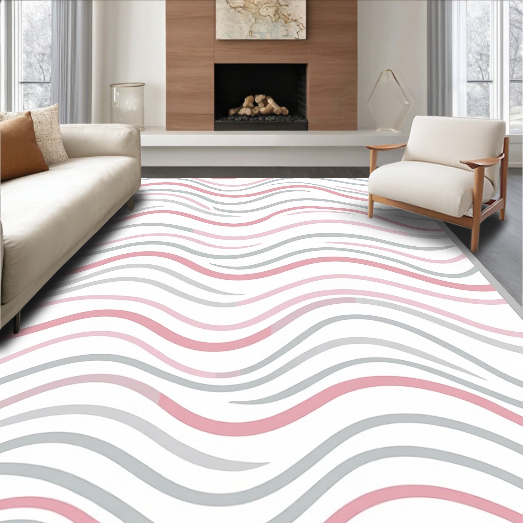 Delicate Pink Gray Wavy Stripes Rug