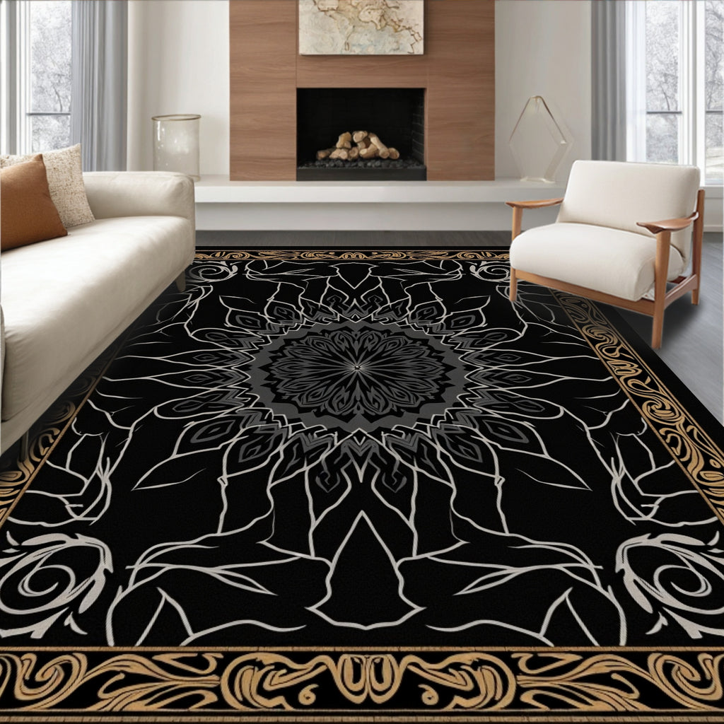Elegant Floral Mandala Black Rug