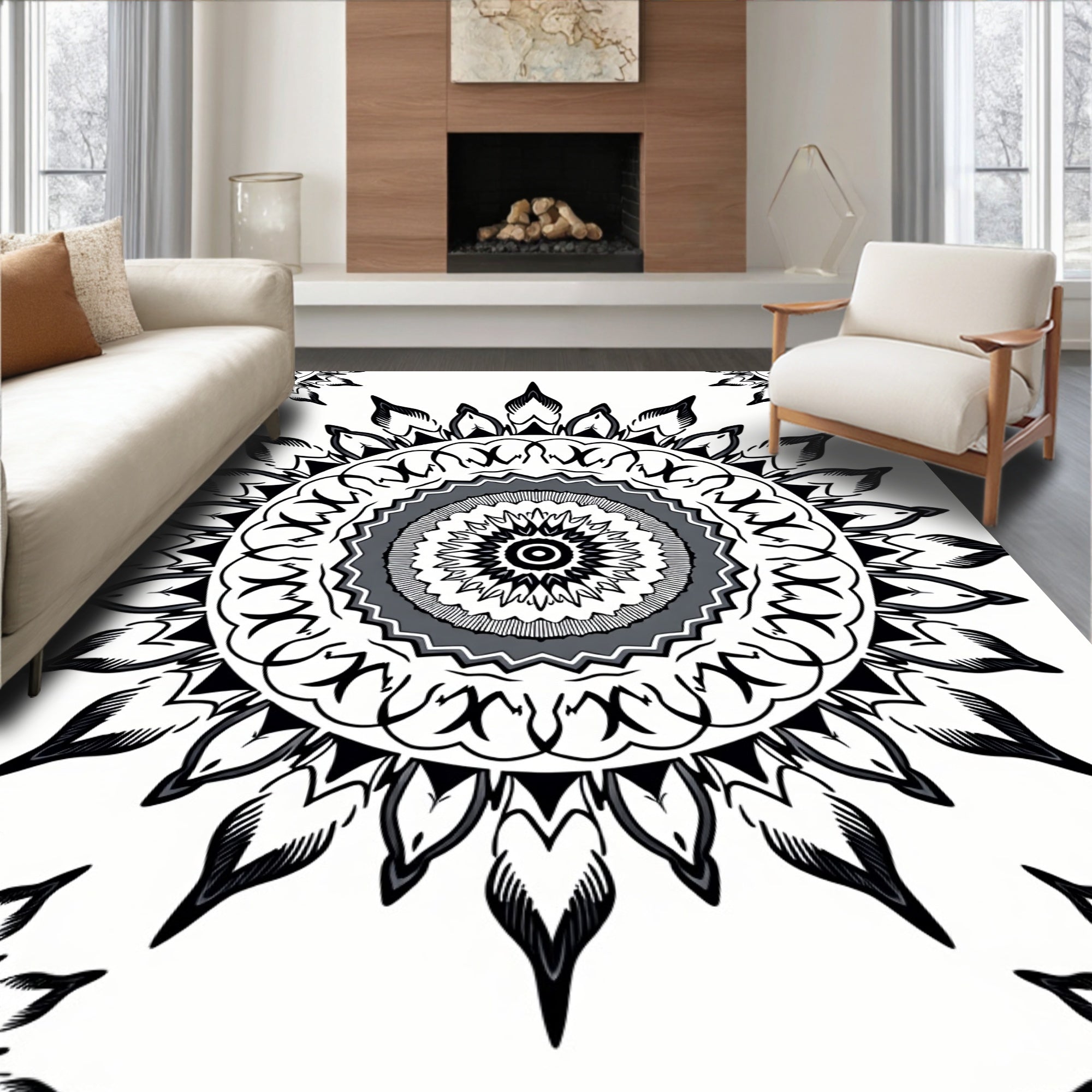 Monochromatic Mandala Sunburst Pattern Design Rug