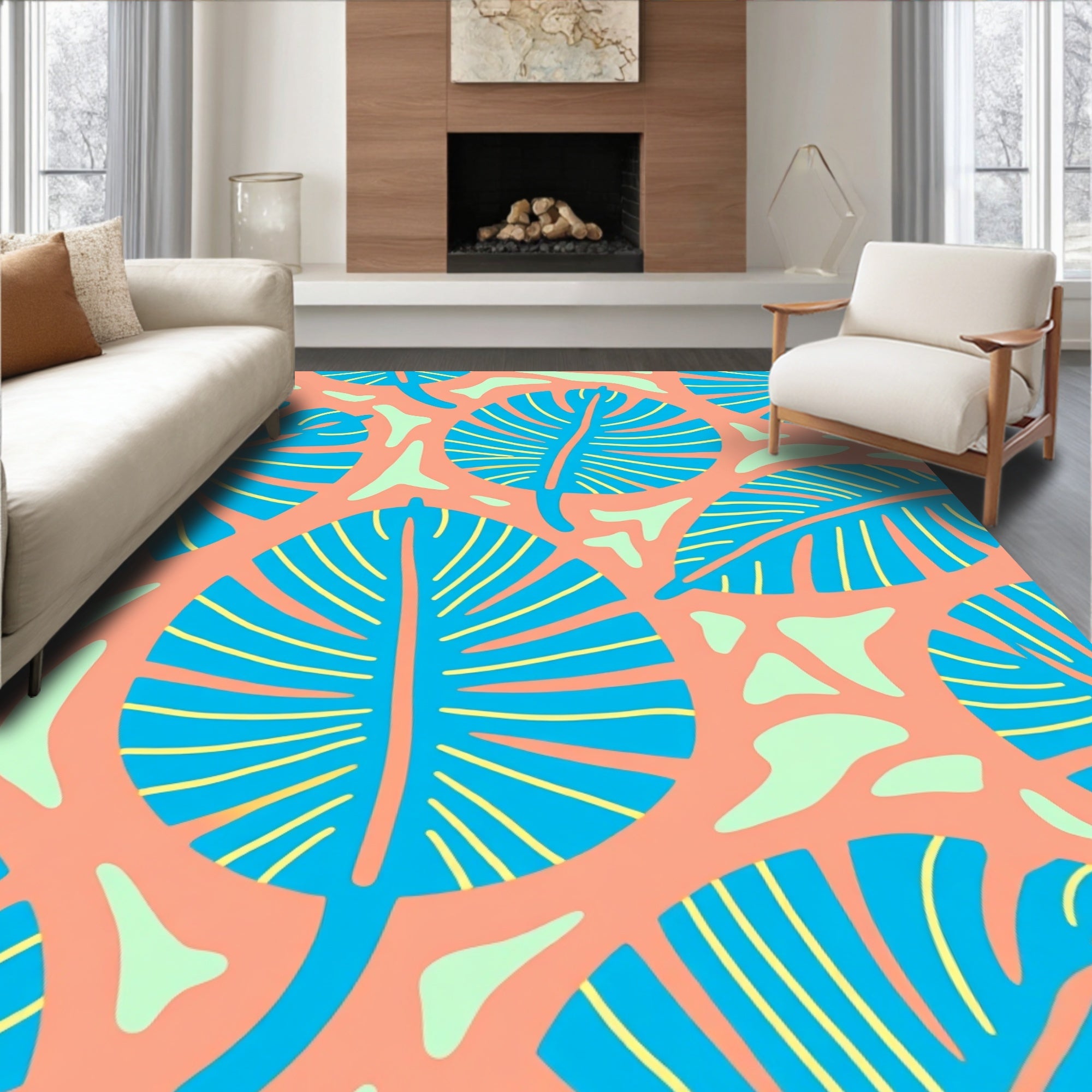 Tropical Leaf Pattern Vibrant Design Rug