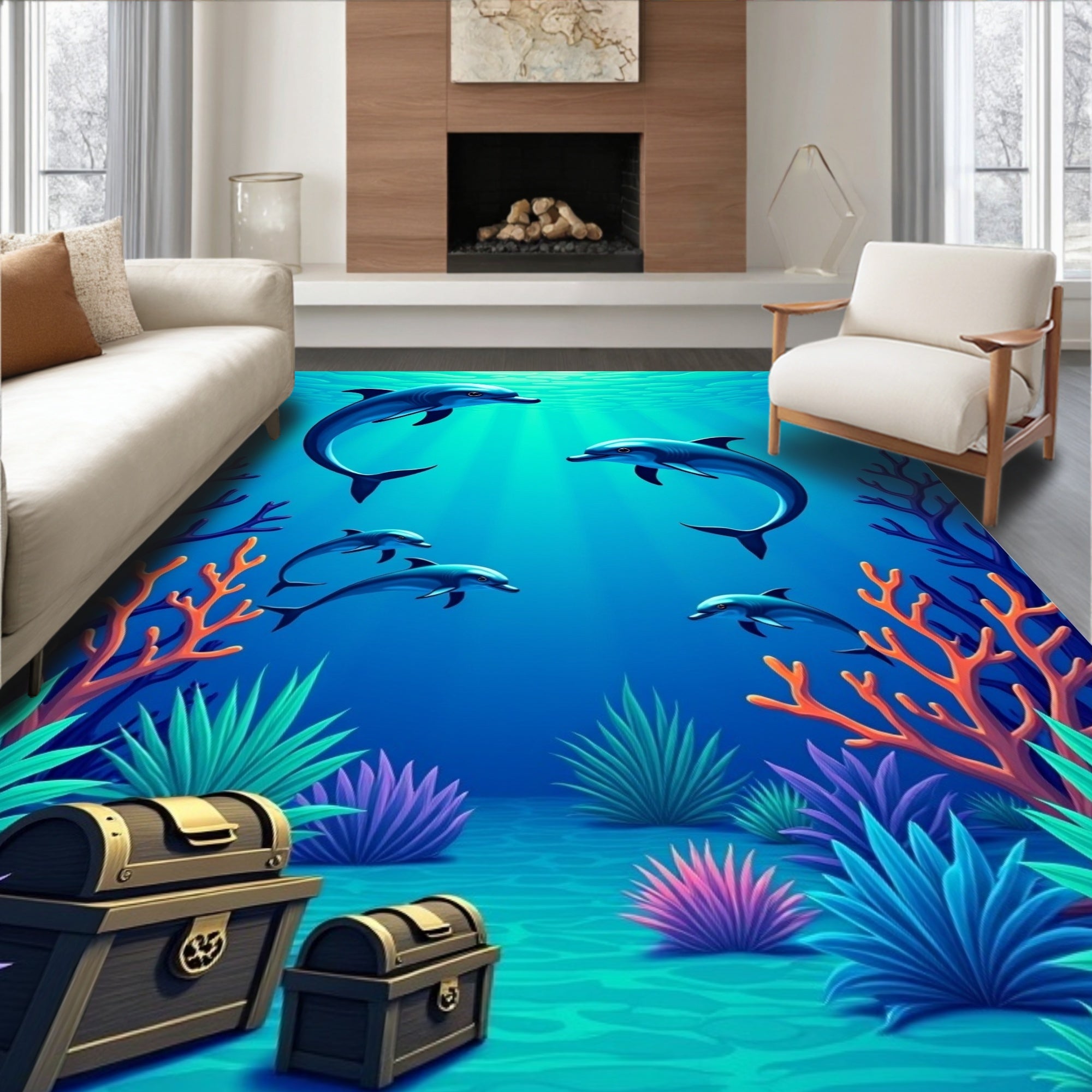 Oceanic 5 Dolphins Treasure Chest Design Rug