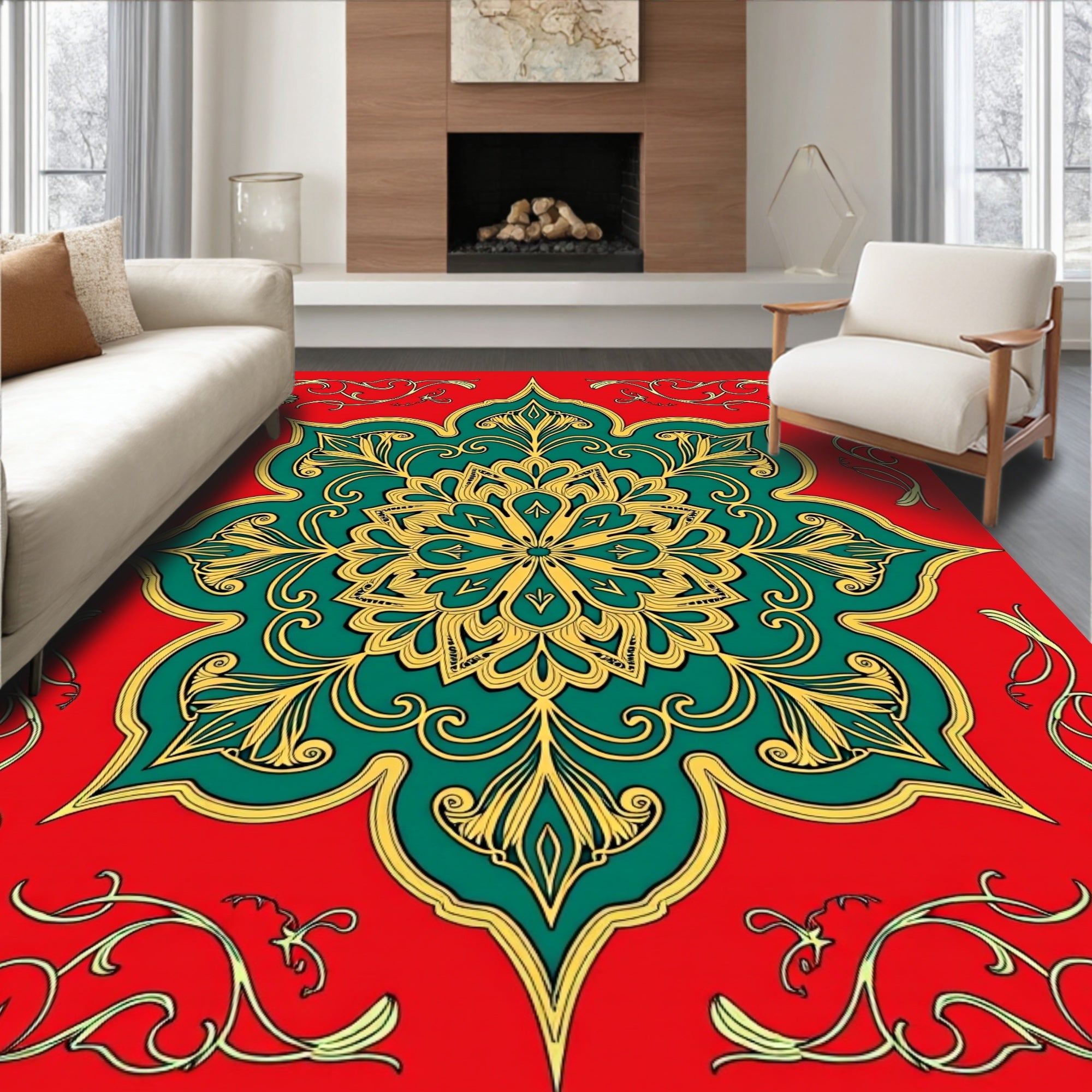 Mandala Inspired Floral Red Rug