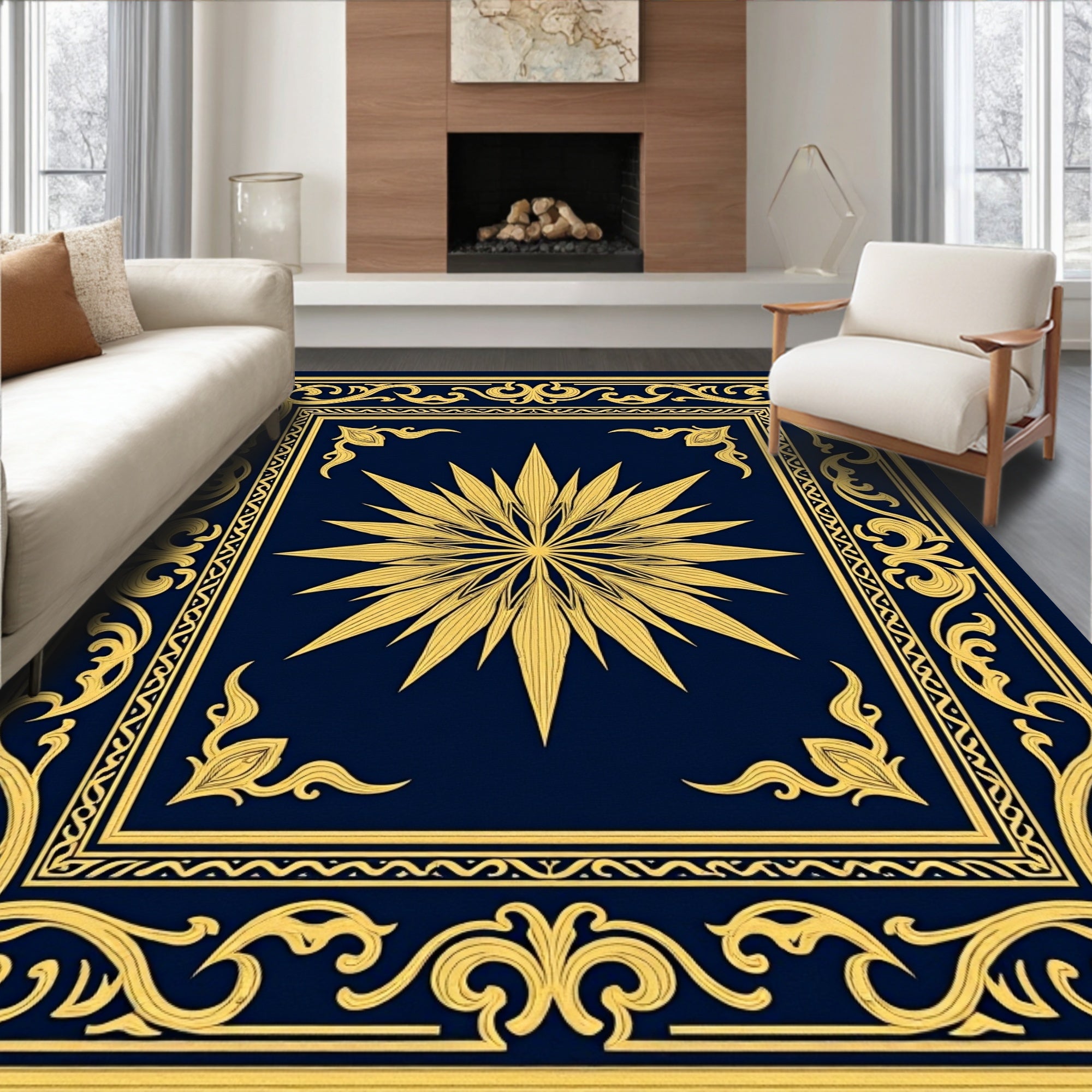 Golden Starburst Intricate Border Rug