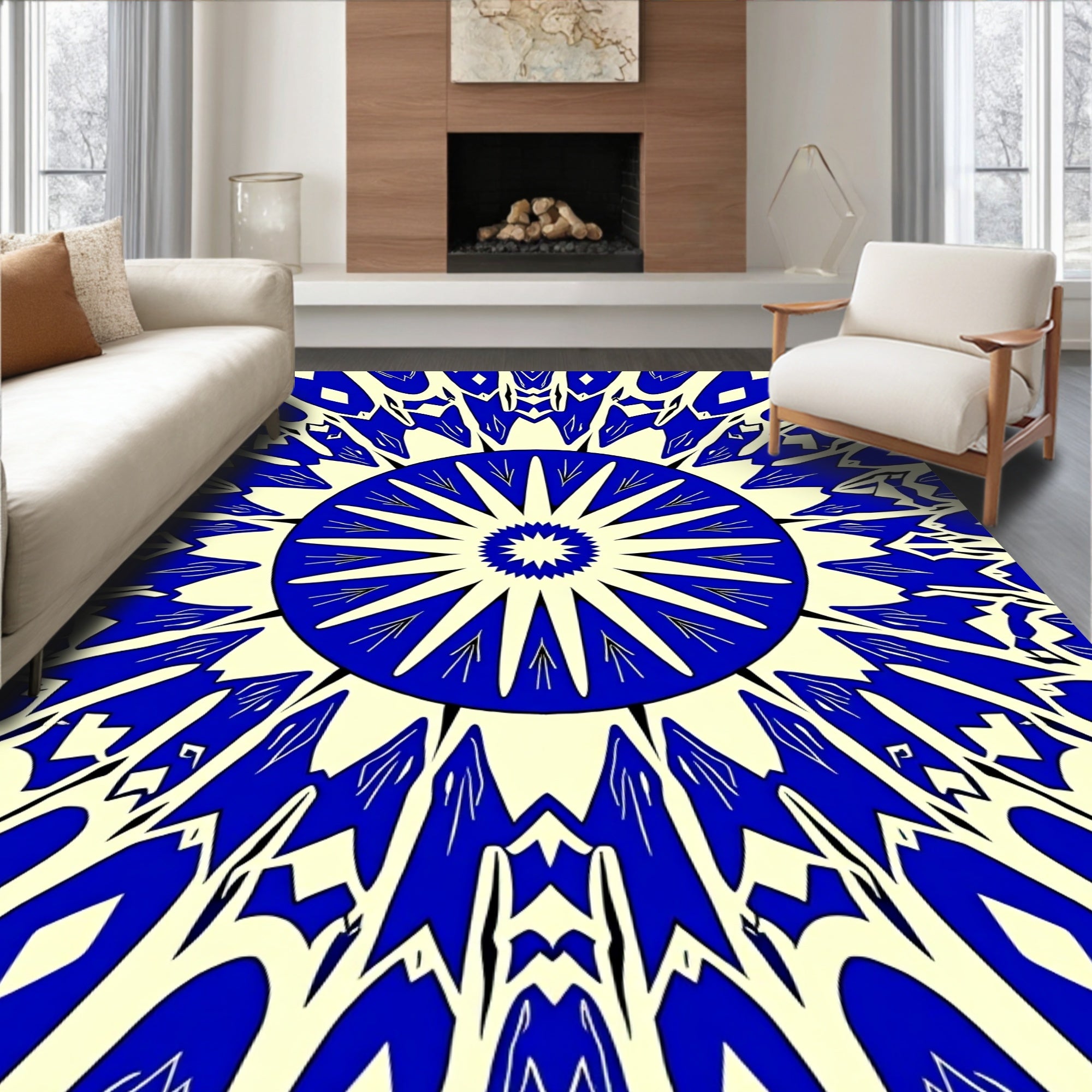 Bold Royal Blue Sunburst Design Rug