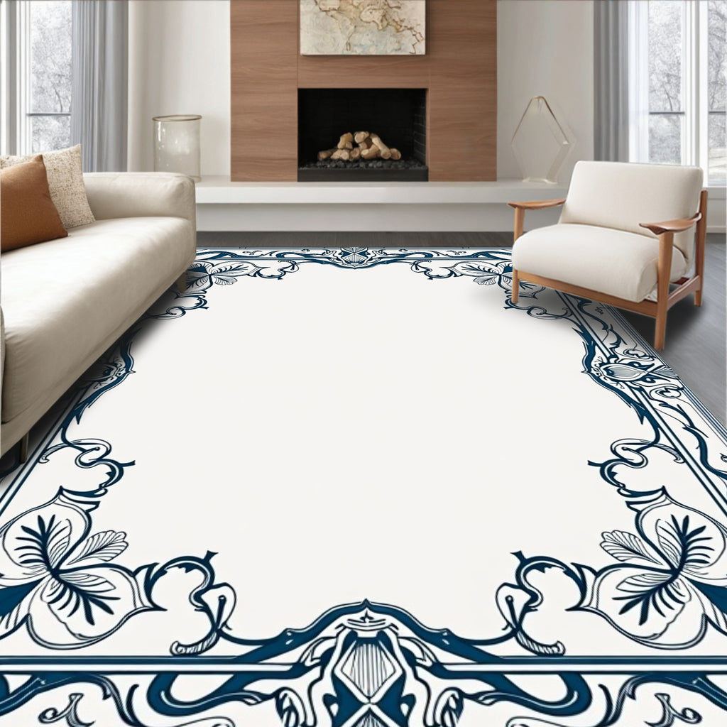 Elegant Dark Blue Art Nouveau Border Rug