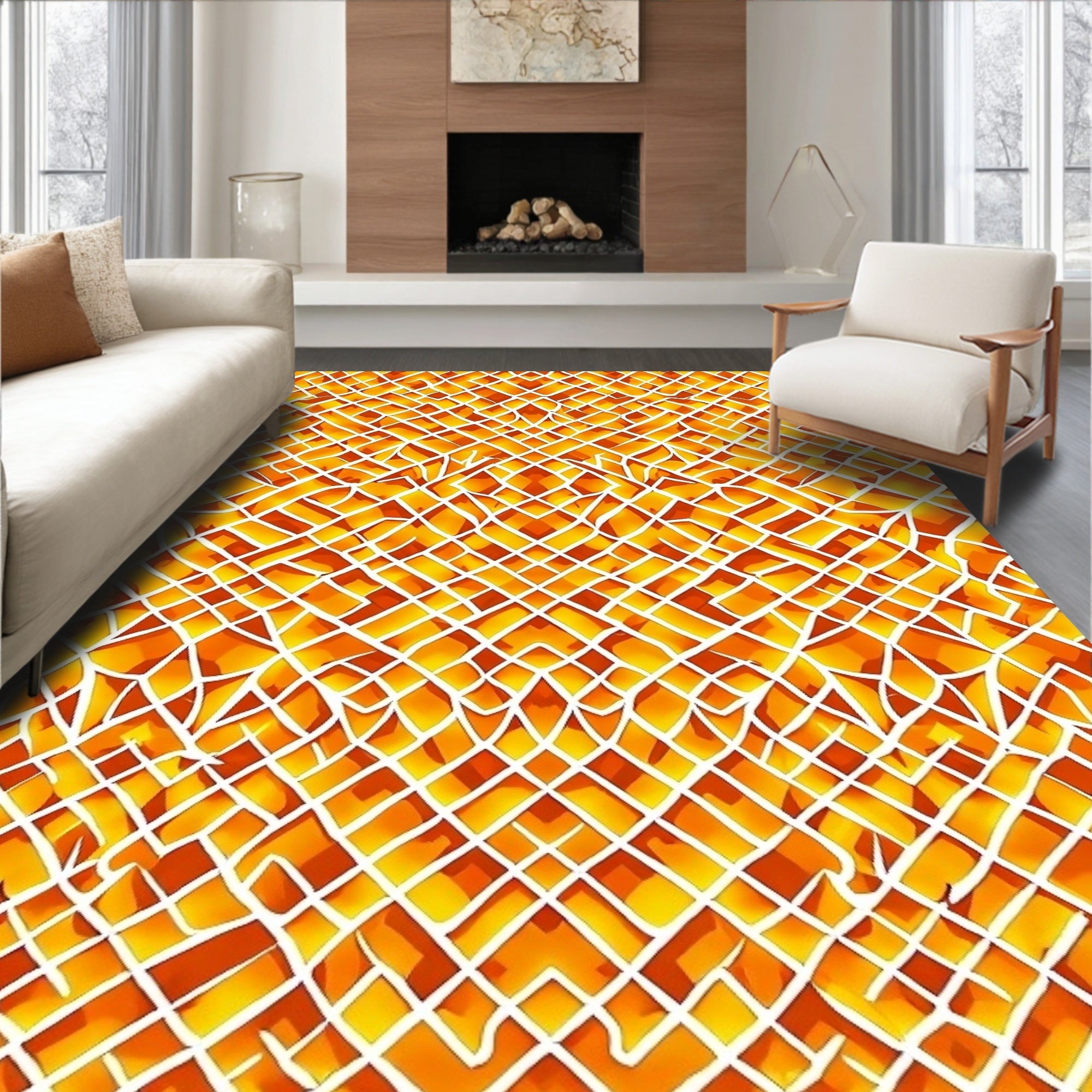 Bright Orange White Lattice Design Rug