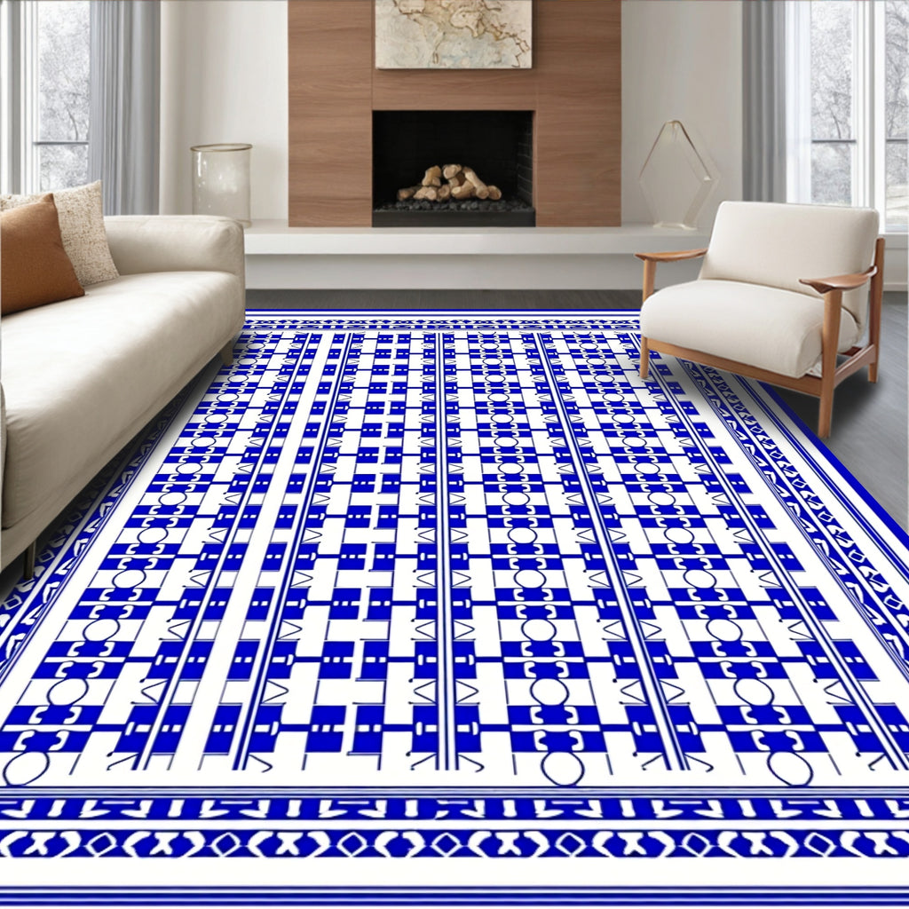 Bold Blue Geometric Lattice Pattern Rug