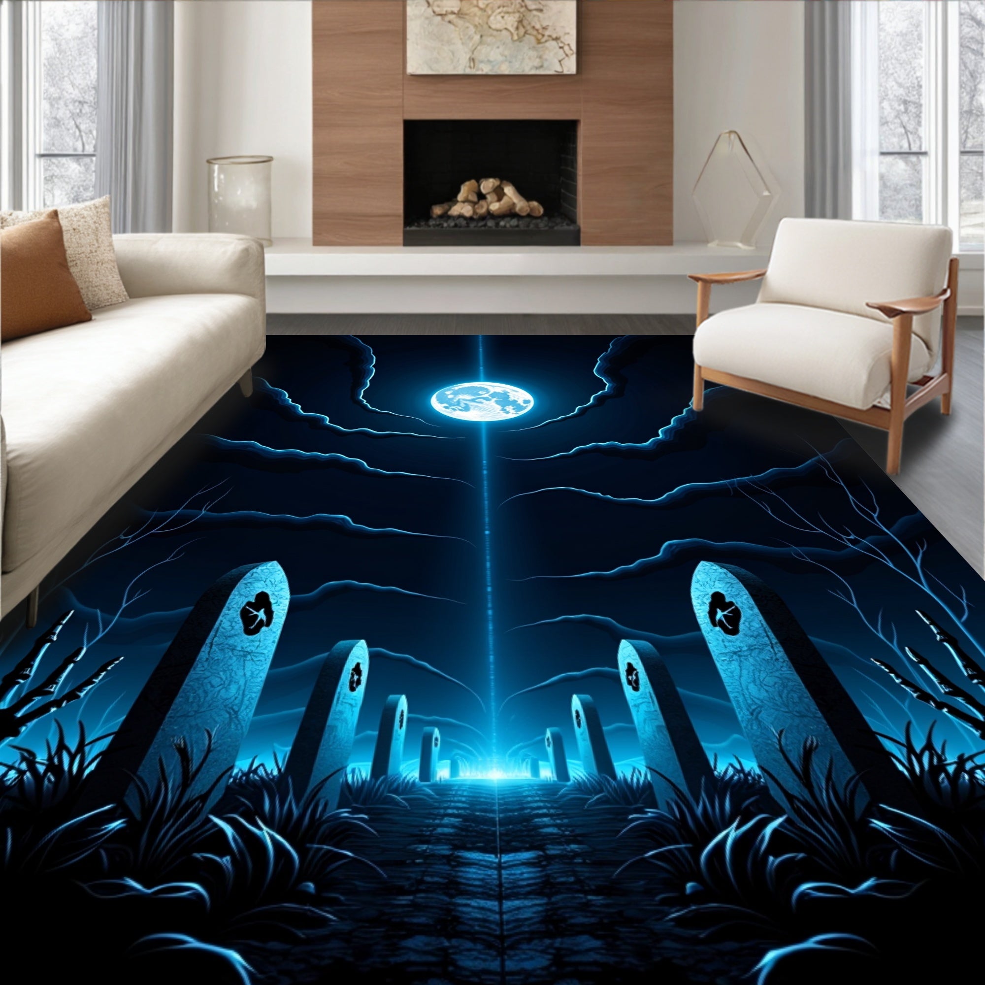 Spooky Moonlight Graveyard Design Rug