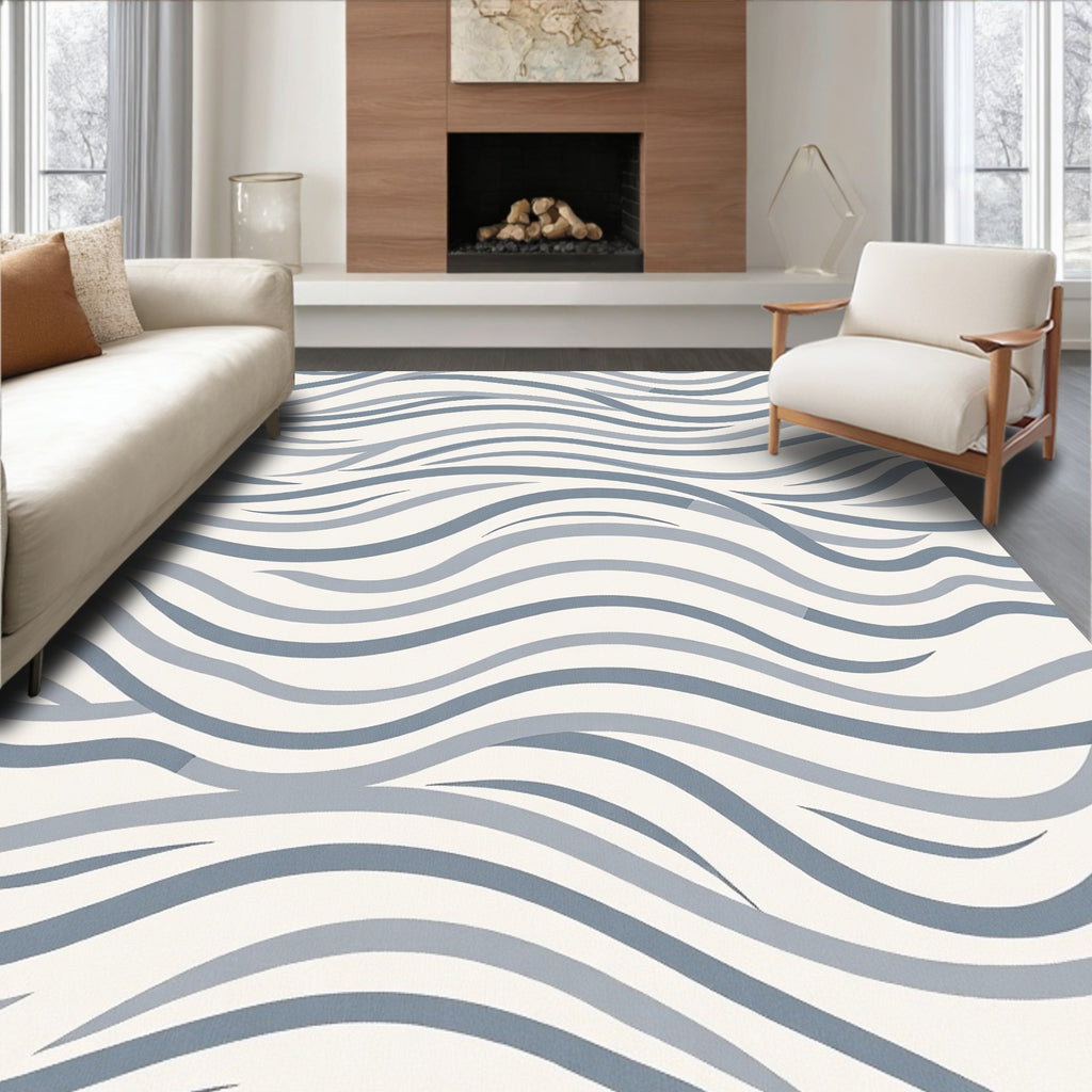 Cool Blue Wavy Striped Abstract Rug
