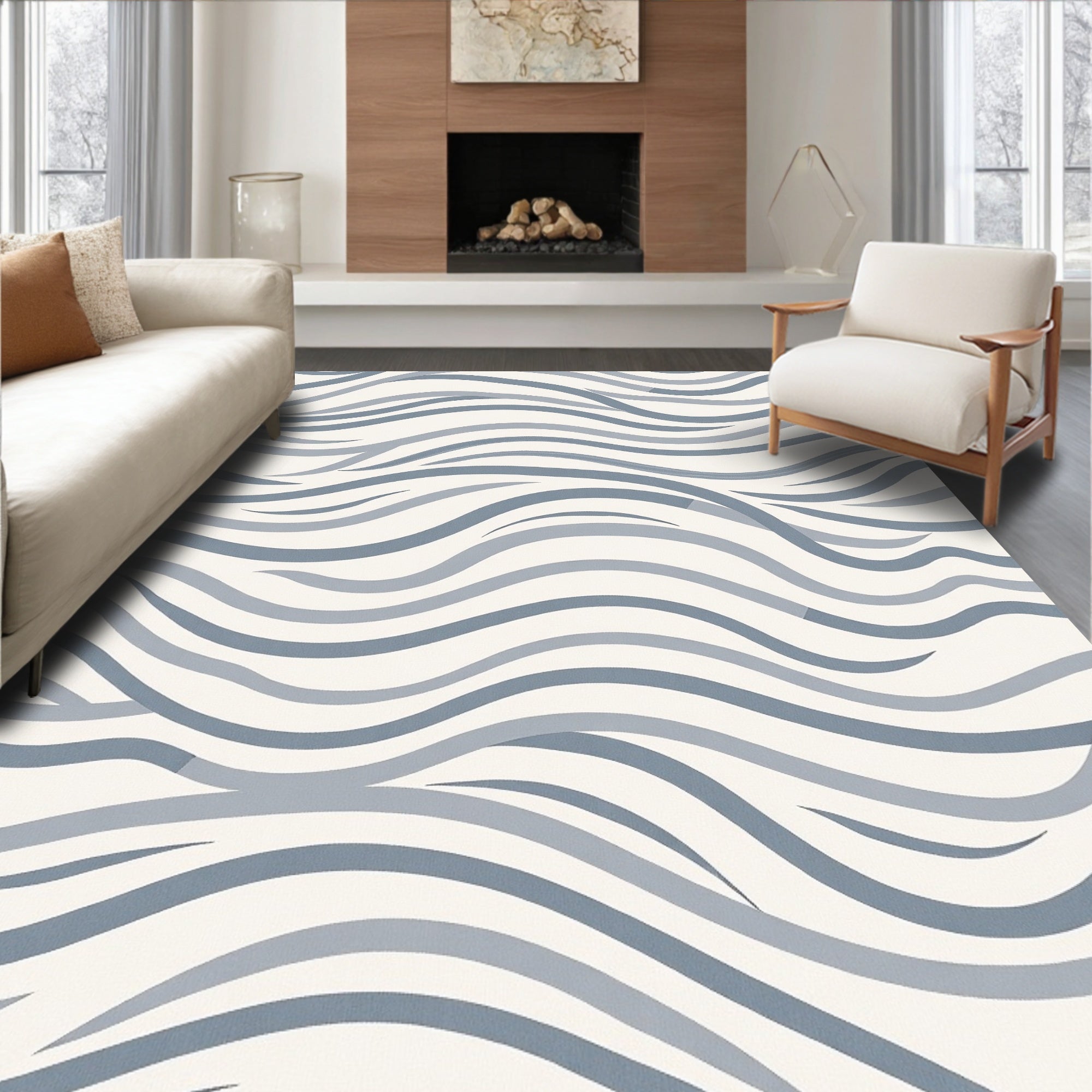 Cool Blue Wavy Striped Abstract Rug